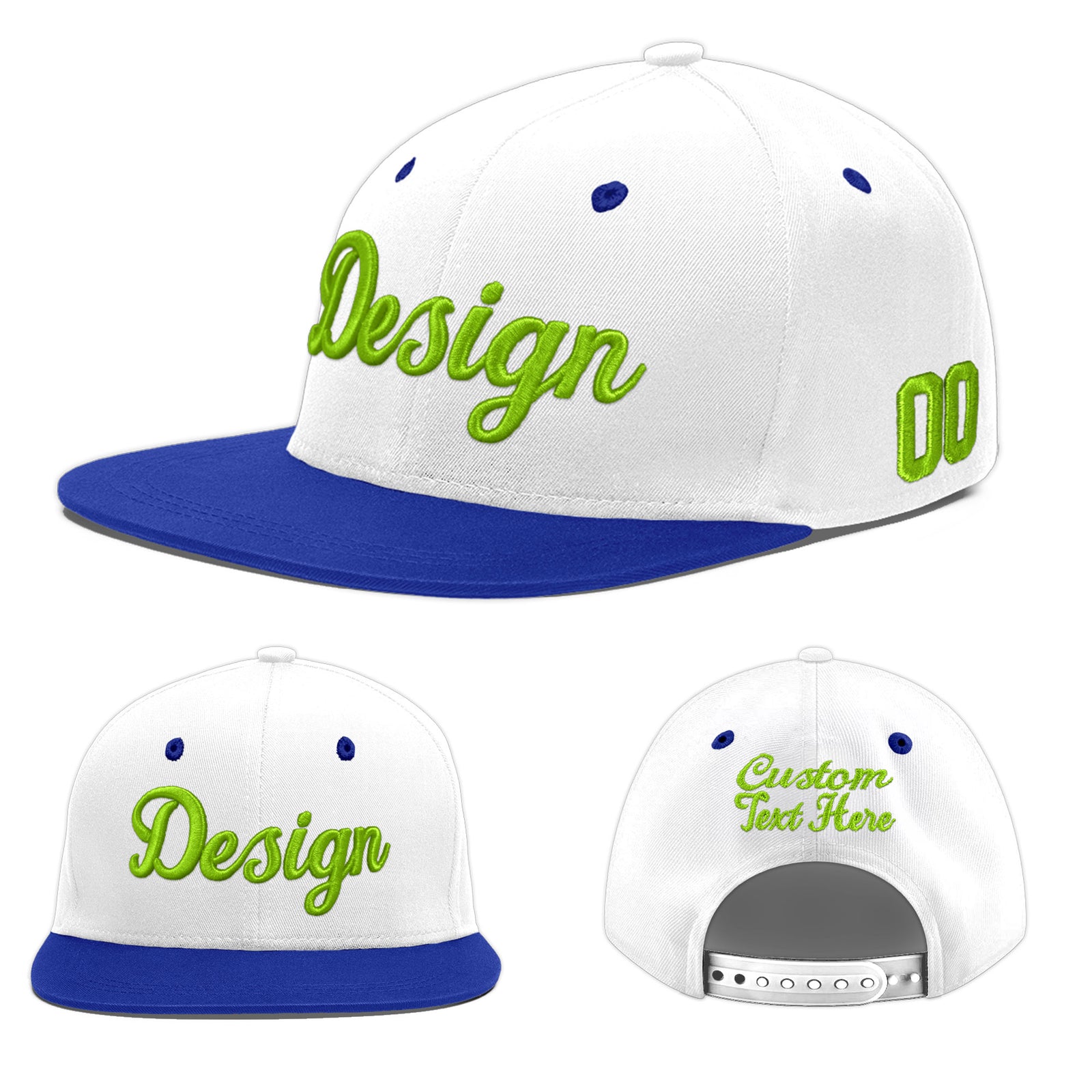 Custom White Royal Blue 4D Puff Embroidery Flat Embroidery Casual Sport Baseball Cap