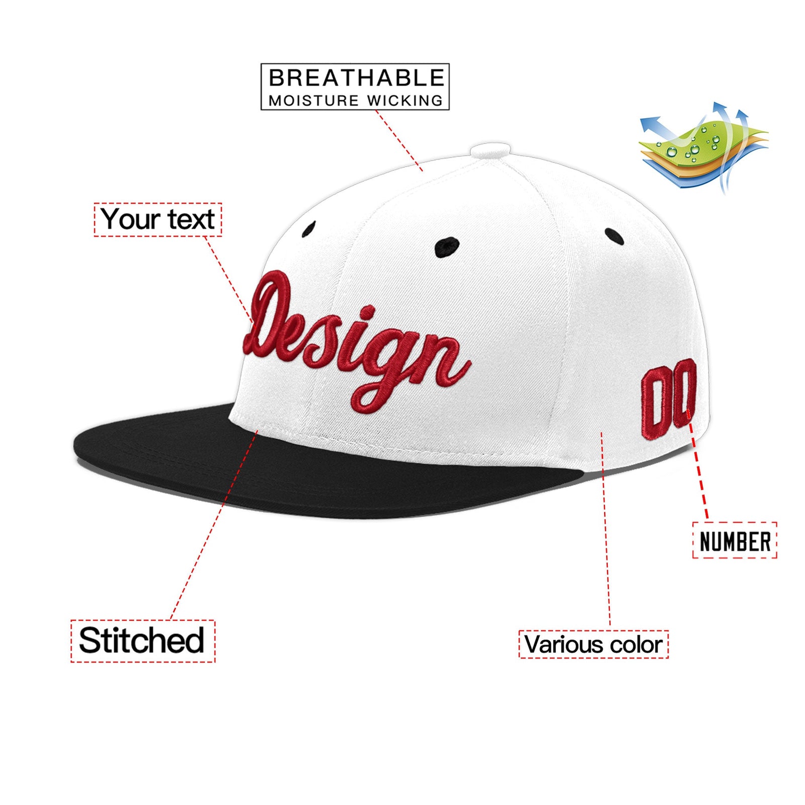 Custom White Black 3D Puff Embroidery Flat Embroidery Casual Sport Baseball Cap