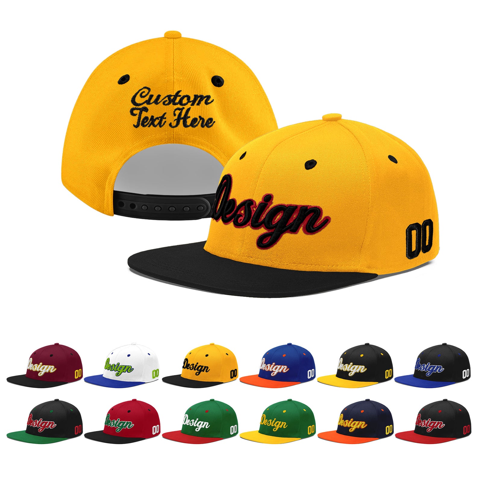 Custom Gold Black 11D Puff Embroidery Flat Embroidery Casual Sport Baseball Cap