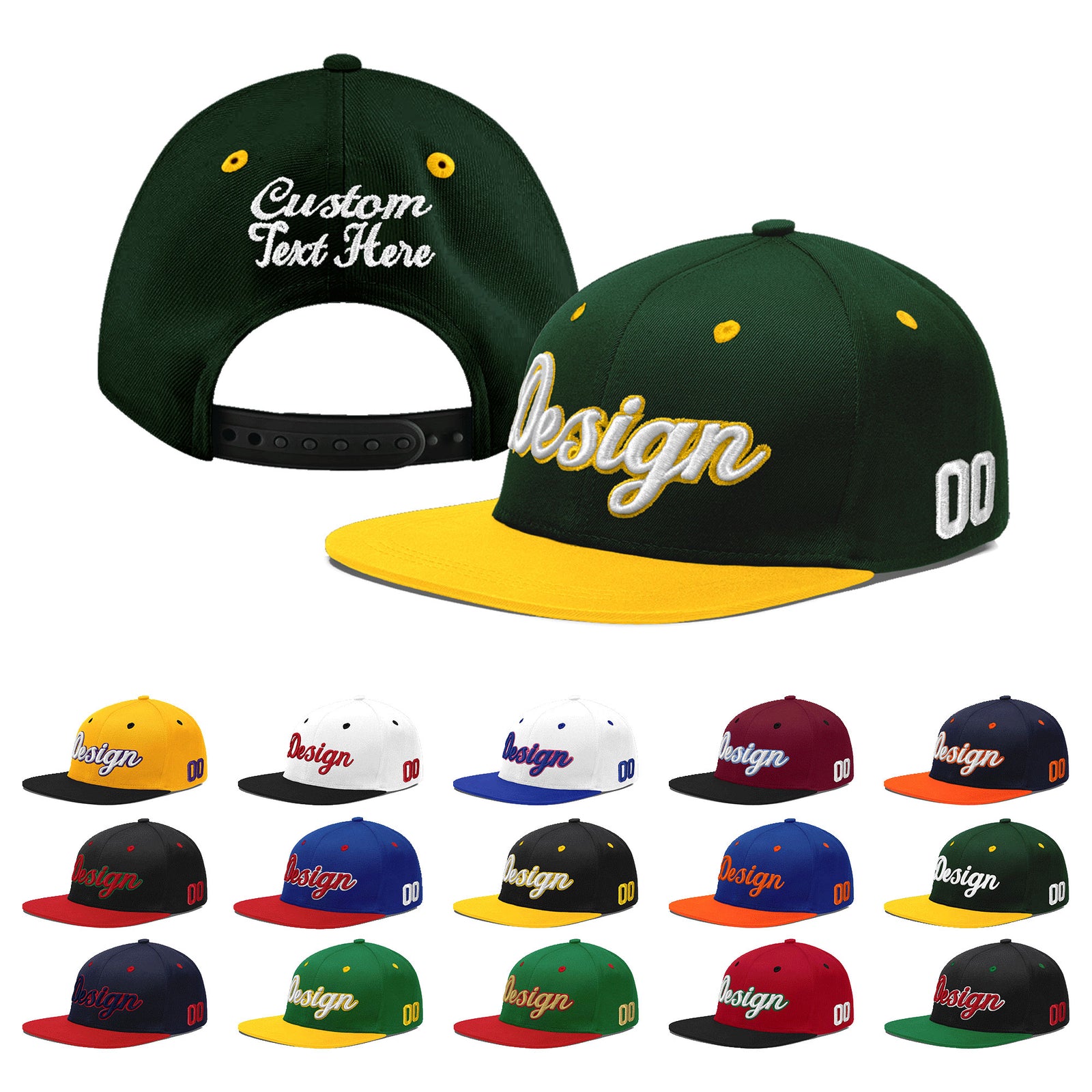 Custom Green Gold 3D Puff Embroidery Flat Embroidery Casual Sport Baseball Cap