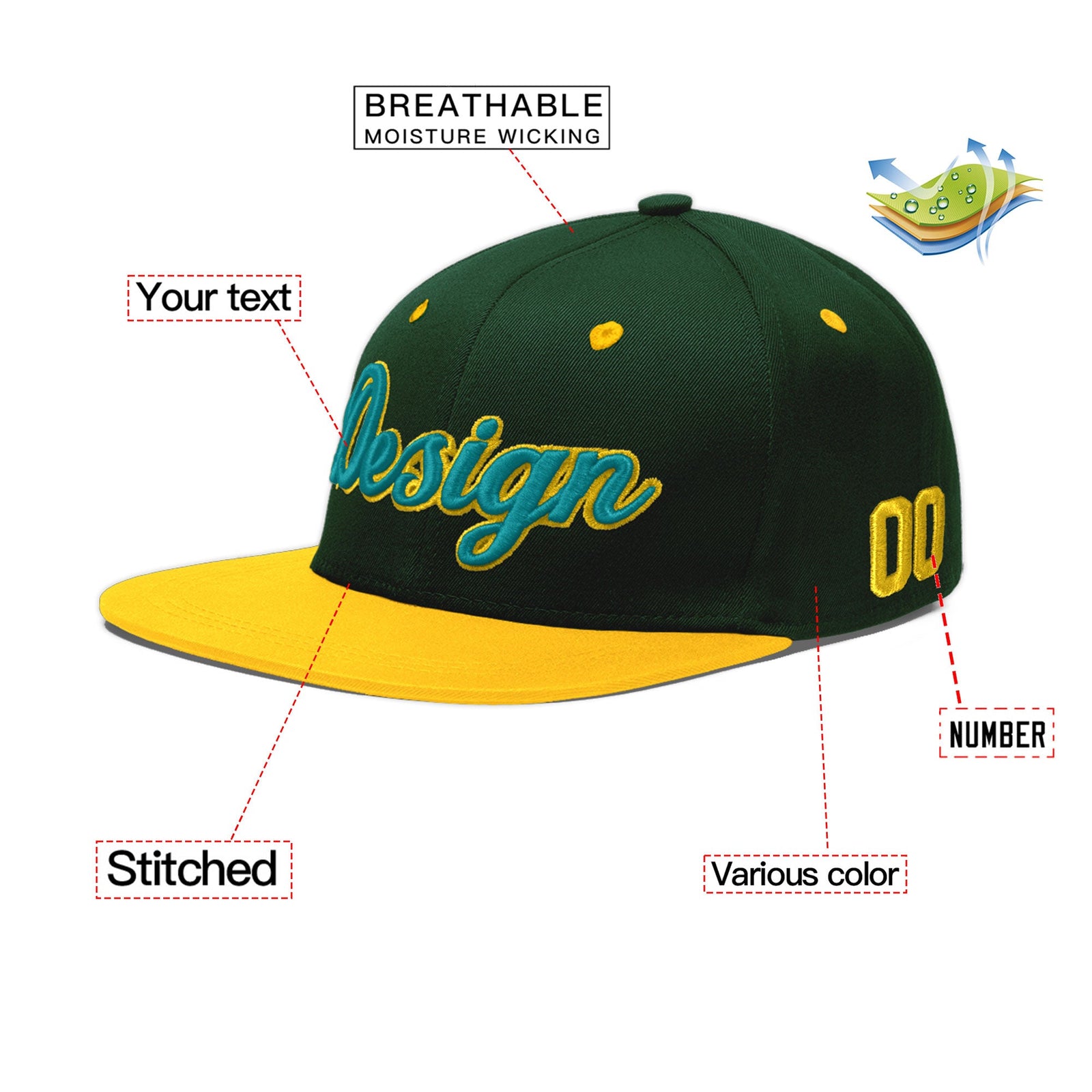 Custom Green Gold 3D Puff Embroidery Flat Embroidery Casual Sport Baseball Cap