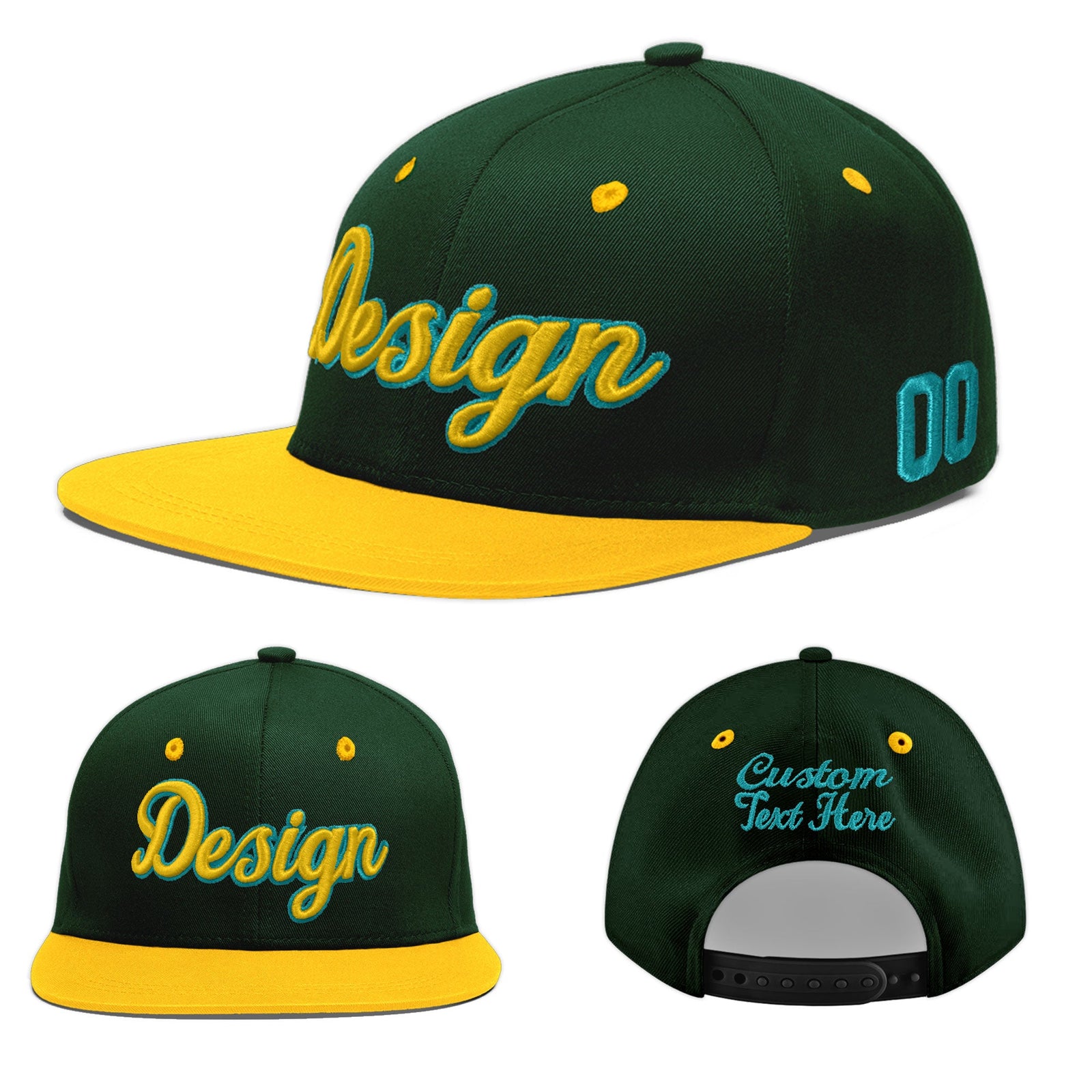 Custom Green Gold 3D Puff Embroidery Flat Embroidery Casual Sport Baseball Cap