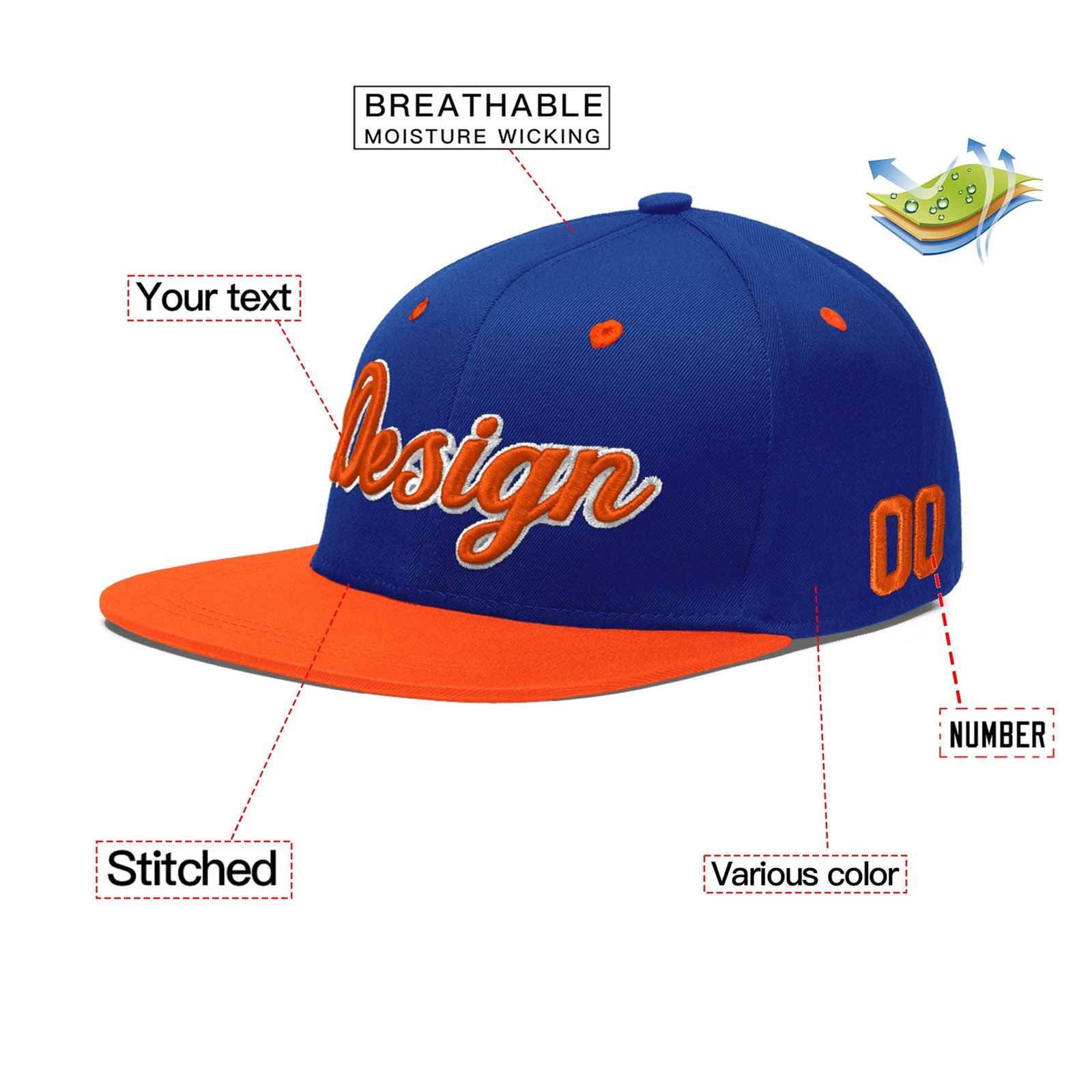 Custom Royal Blue Orange 3D Puff Embroidery Flat Embroidery Casual Sport Baseball Cap