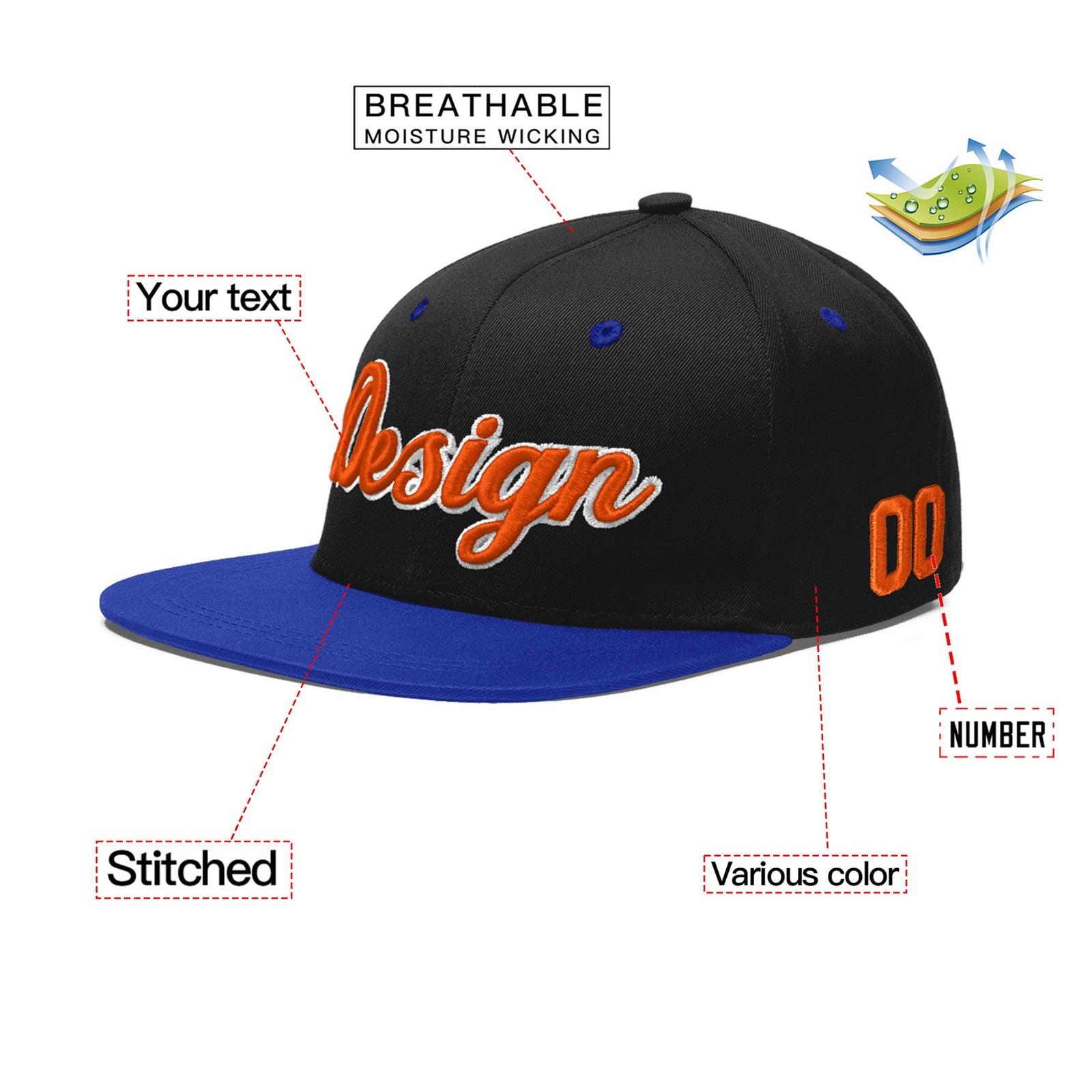 Custom Black Royal Blue 3D Puff Embroidery Flat Embroidery Casual Sport Baseball Cap