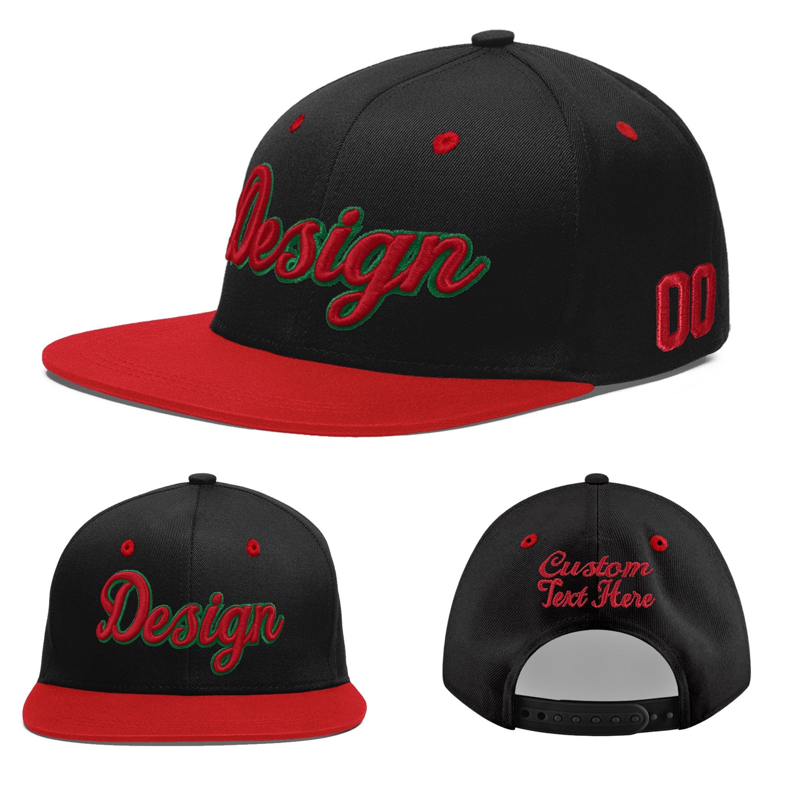 Custom Black Red 3D Puff Embroidery Flat Embroidery Casual Sport Baseball Cap