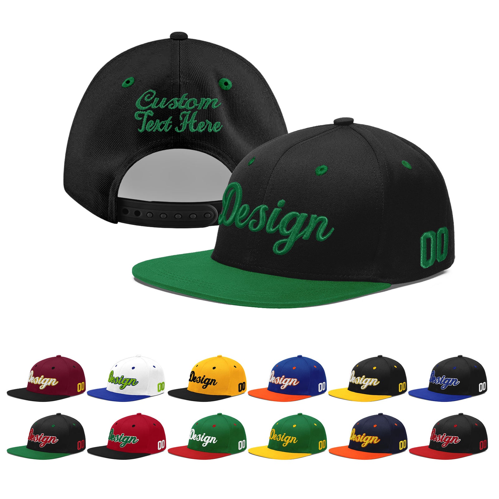 Custom Black Kelly Green 3D Puff Embroidery Flat Embroidery Casual Sport Baseball Cap