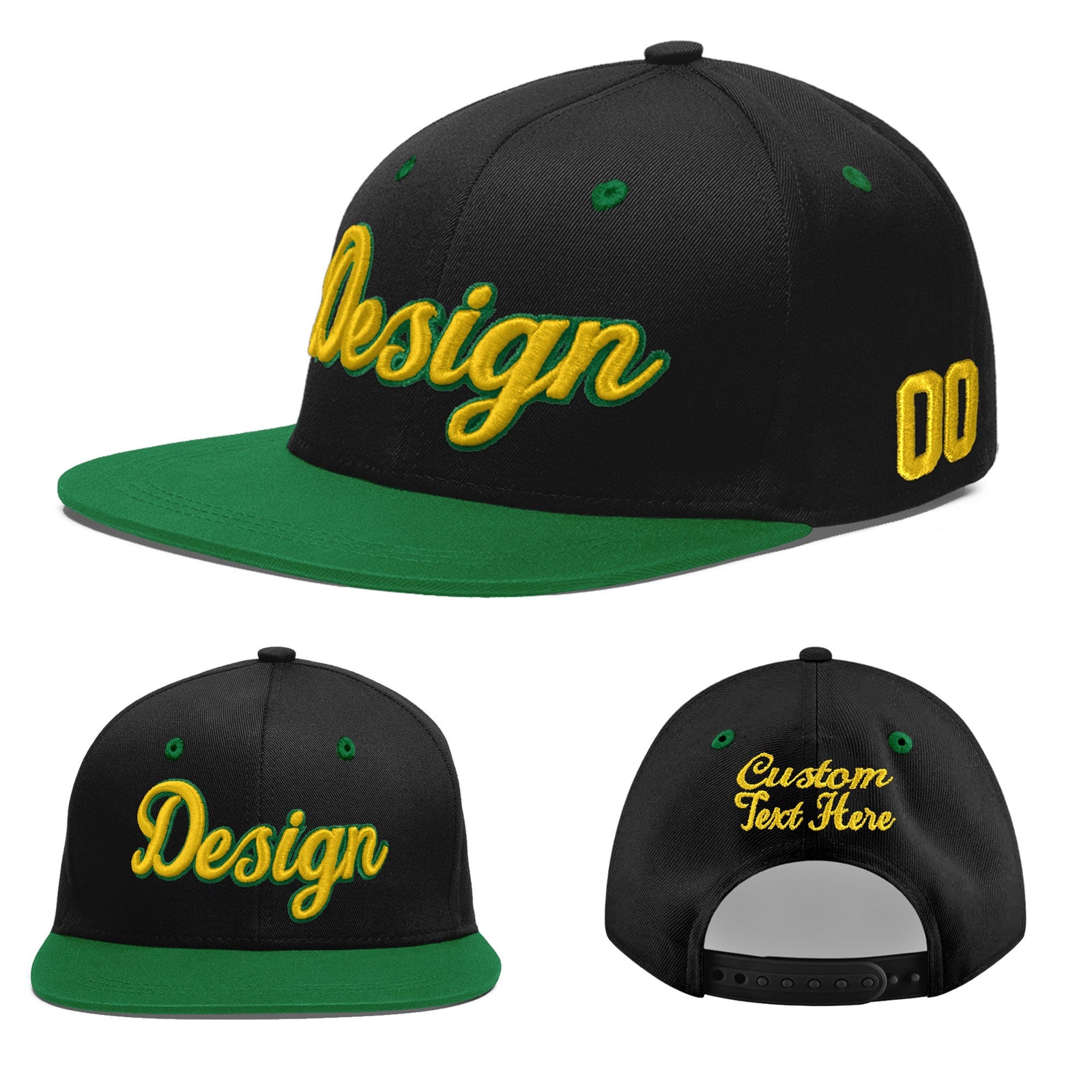 Custom Black Kelly Green 3D Puff Embroidery Flat Embroidery Casual Sport Baseball Cap