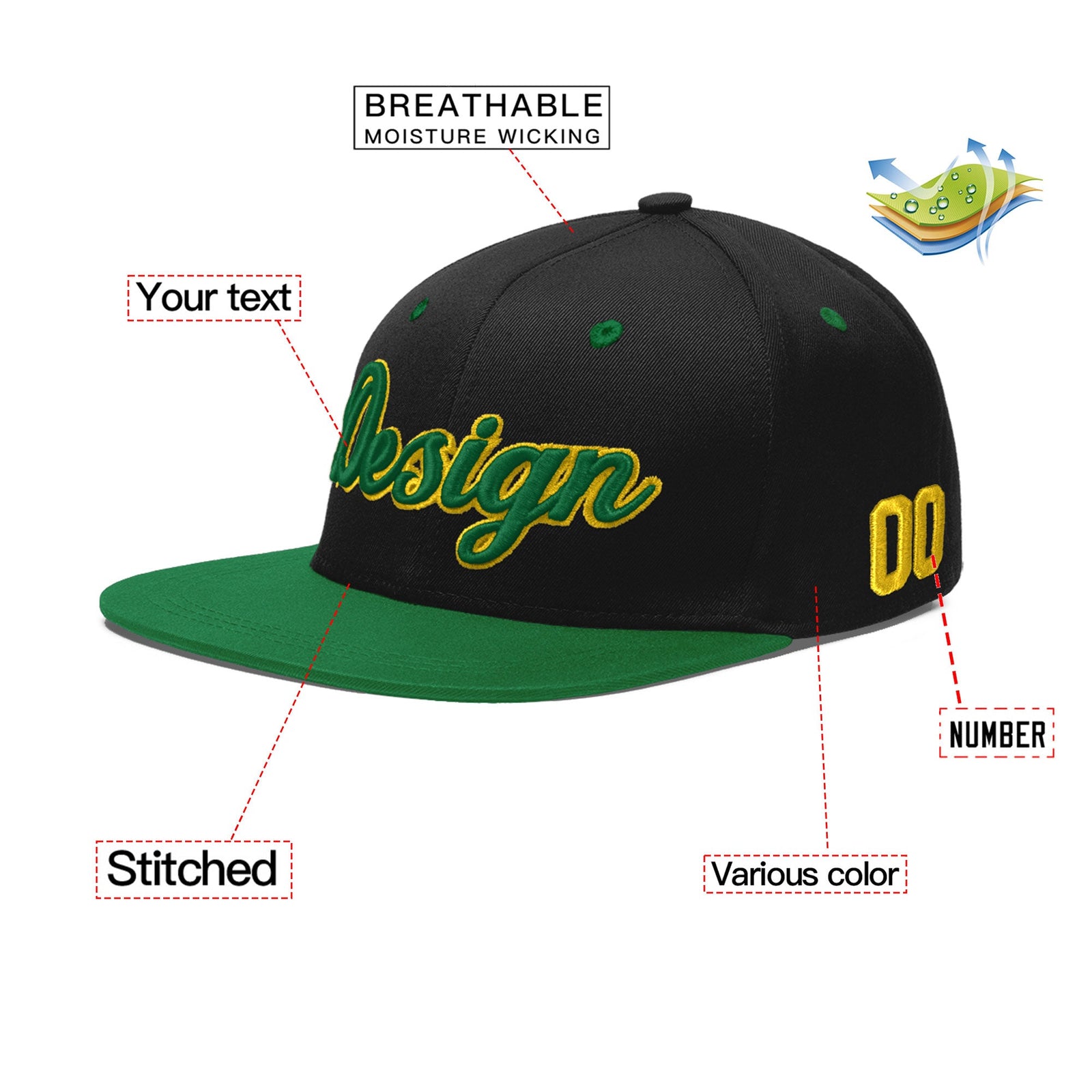 Custom Black Kelly Green 3D Puff Embroidery Flat Embroidery Casual Sport Baseball Cap