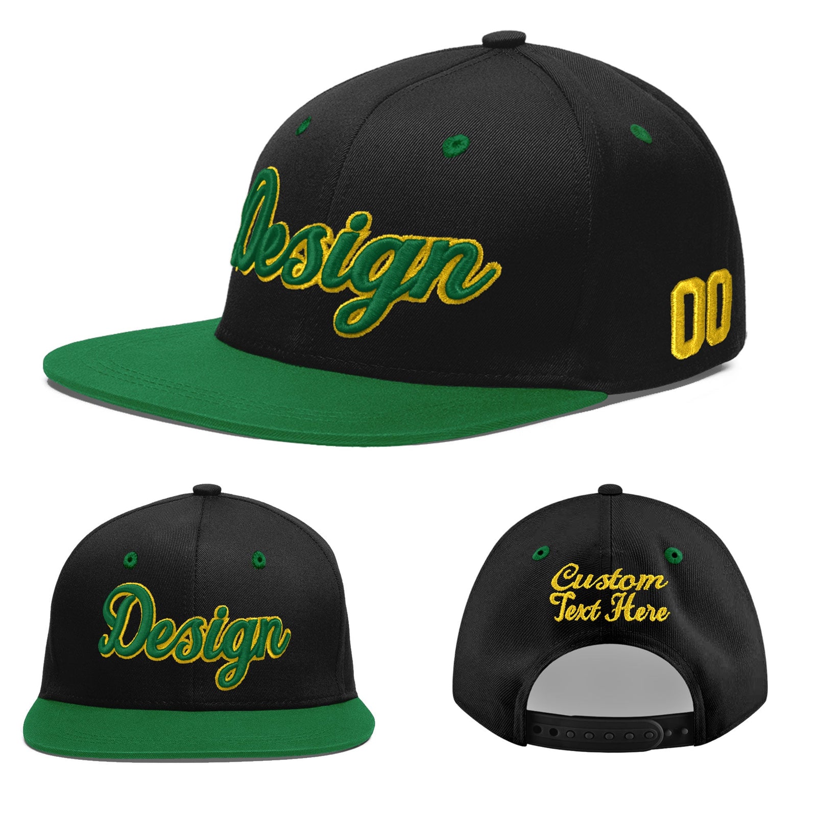 Custom Black Kelly Green 3D Puff Embroidery Flat Embroidery Casual Sport Baseball Cap