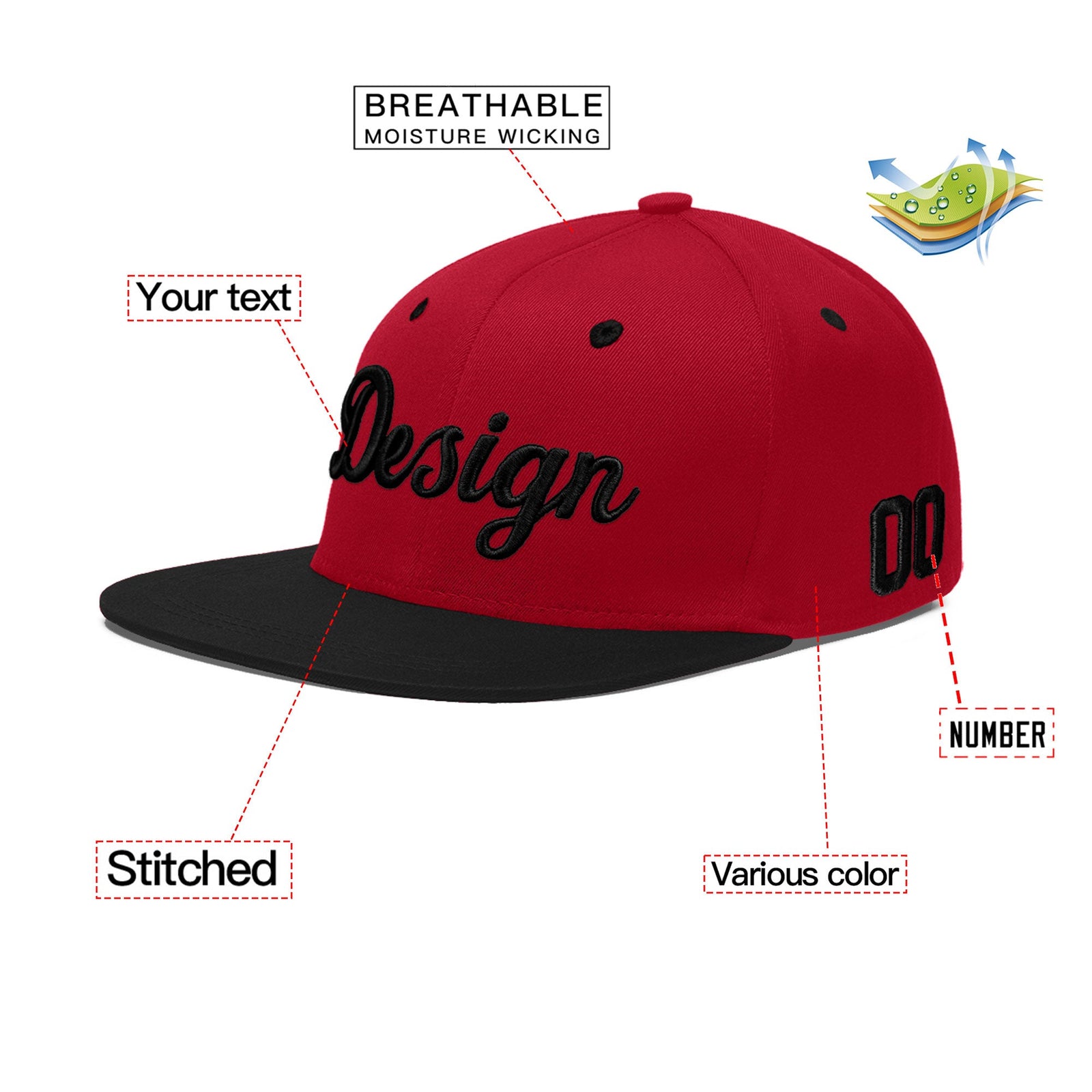 Custom Red Black 3D Puff Embroidery Flat Embroidery Casual Sport Baseball Cap