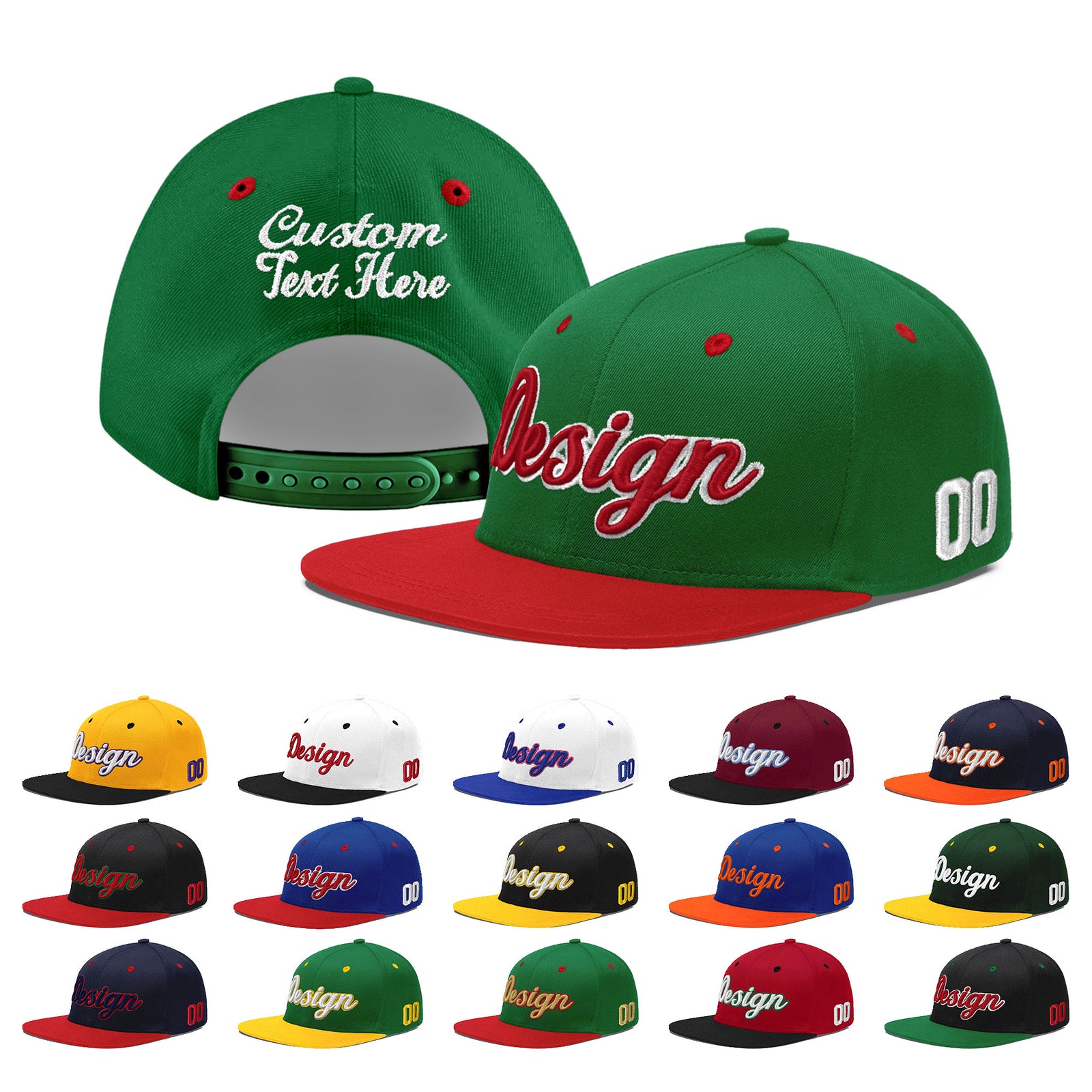 Custom Kelly Green Red 3D Puff Embroidery Flat Embroidery Casual Sport Baseball Cap