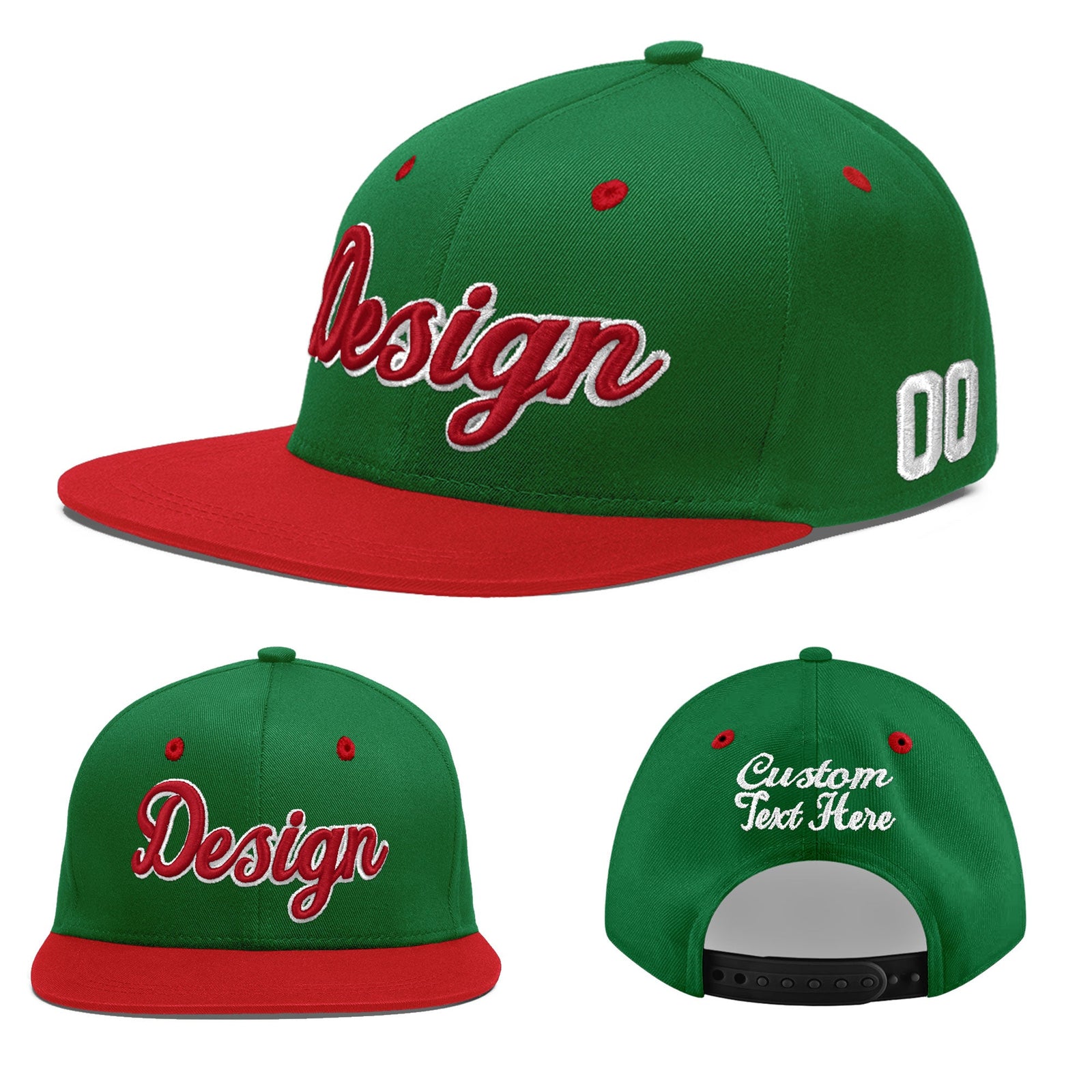 Custom Kelly Green Red 3D Puff Embroidery Flat Embroidery Casual Sport Baseball Cap