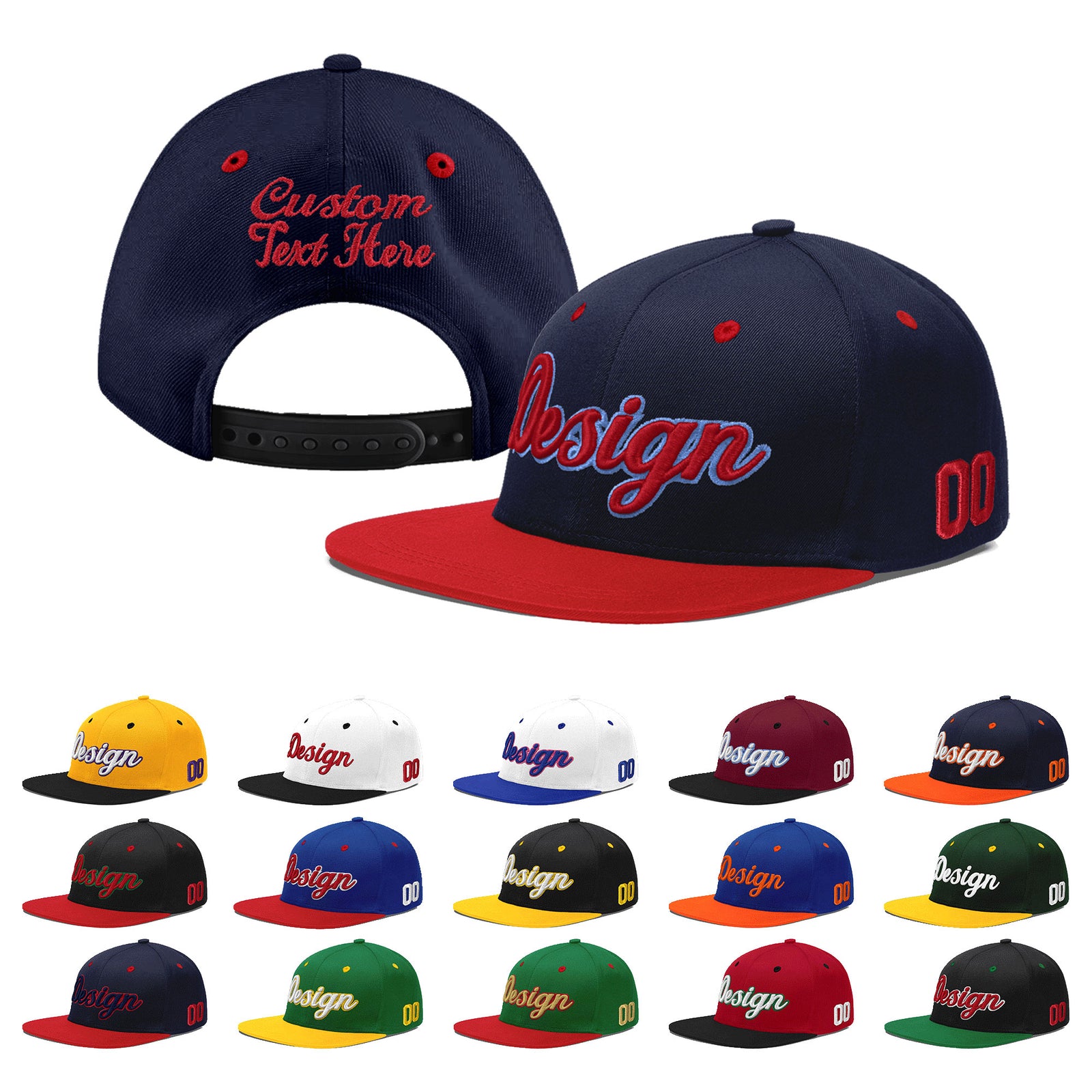 Custom Navy Red 3D Puff Embroidery Flat Embroidery Casual Sport Baseball Cap