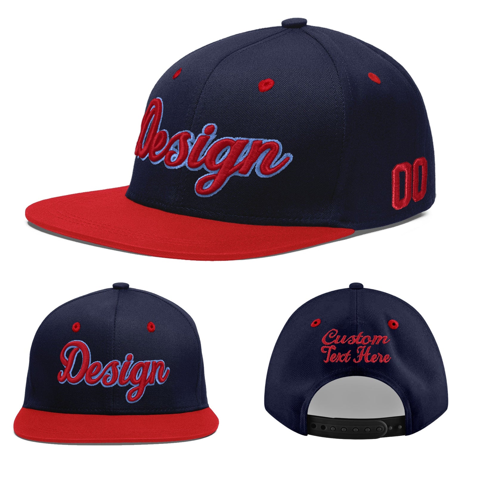 Custom Navy Red 3D Puff Embroidery Flat Embroidery Casual Sport Baseball Cap