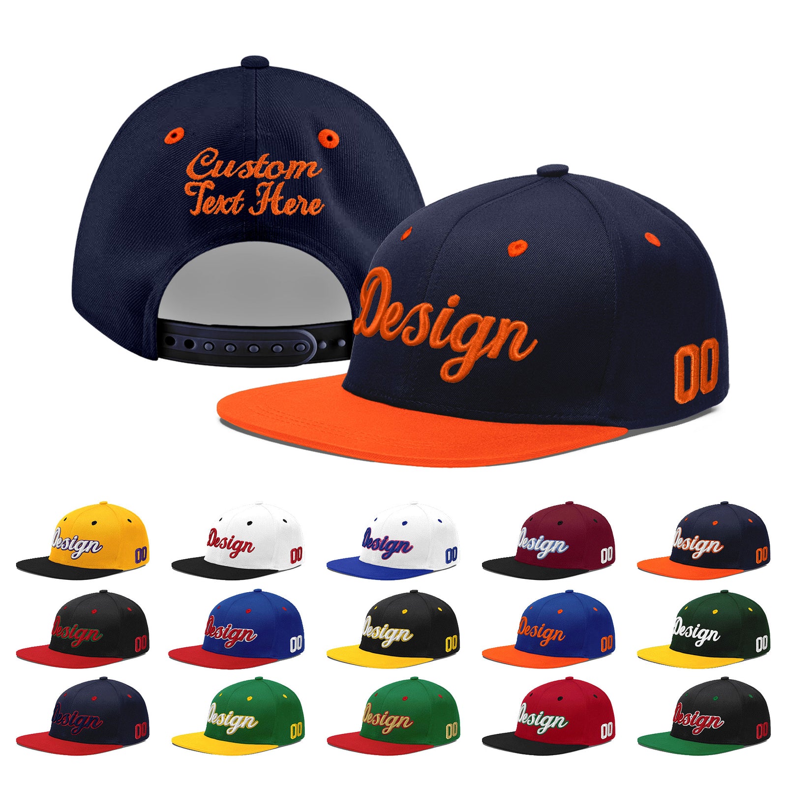Custom Navy Orange 3D Puff Embroidery Flat Embroidery Casual Sport Baseball Cap