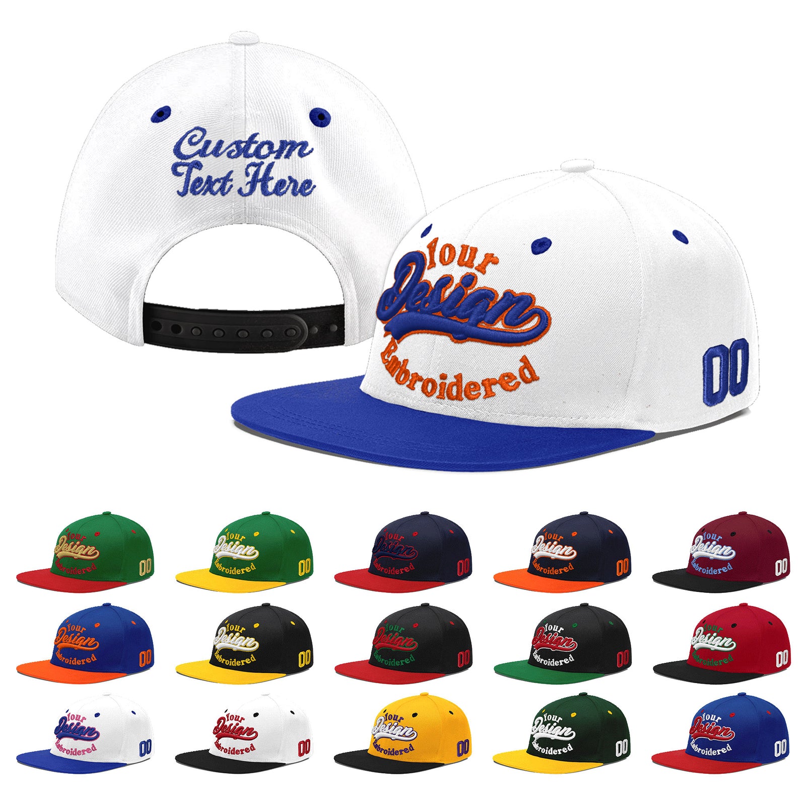 Custom White Royal Blue 3D Puff Embroidery Flat Embroidery Casual Sport Baseball Cap