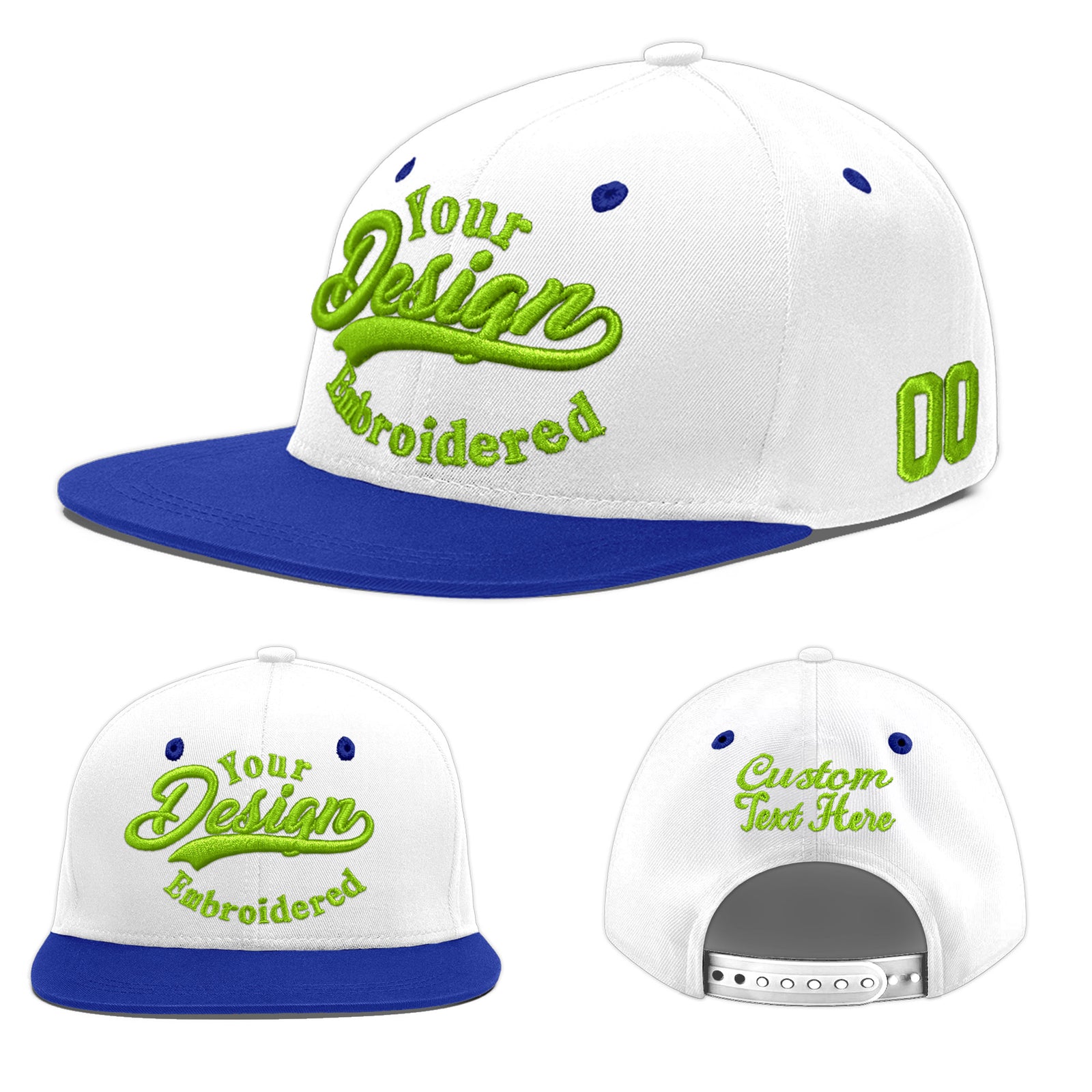 Custom White Royal Blue 164D Puff Embroidery Flat Embroidery Casual Sport Baseball Cap