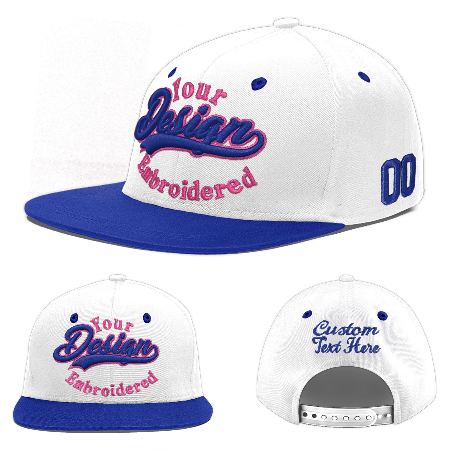 Custom White Royal Blue 196D Puff Embroidery Flat Embroidery Casual Sport Baseball Cap