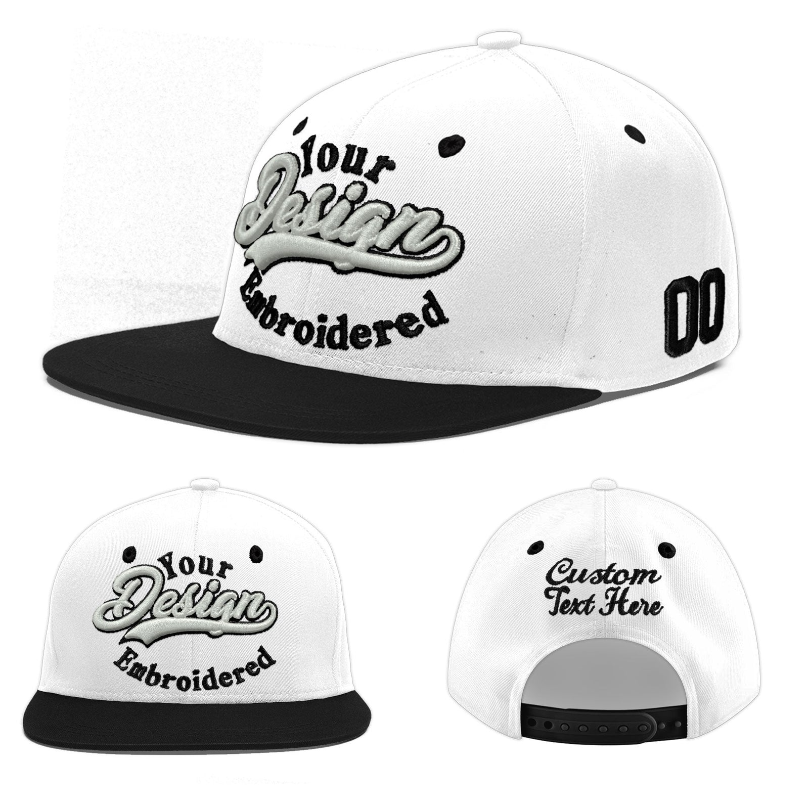 Custom White Black 3D Puff Embroidery Flat Embroidery Casual Sport Baseball Cap