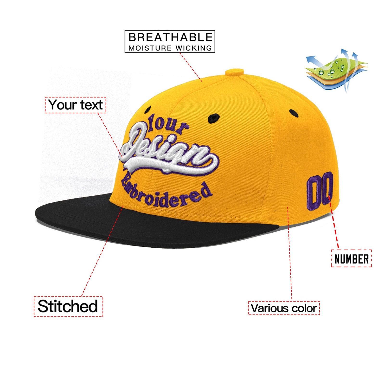 Custom Gold Black 157D Puff Embroidery Flat Embroidery Casual Sport Baseball Cap