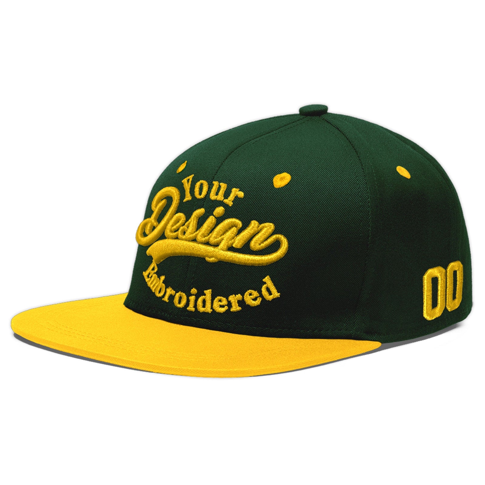 Custom Green Gold 3D Puff Embroidery Flat Embroidery Casual Sport Baseball Cap
