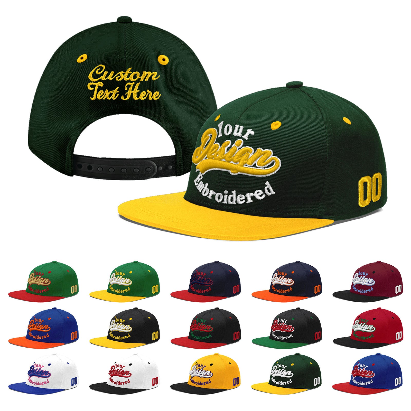 Custom Green Gold 3D Puff Embroidery Flat Embroidery Casual Sport Baseball Cap