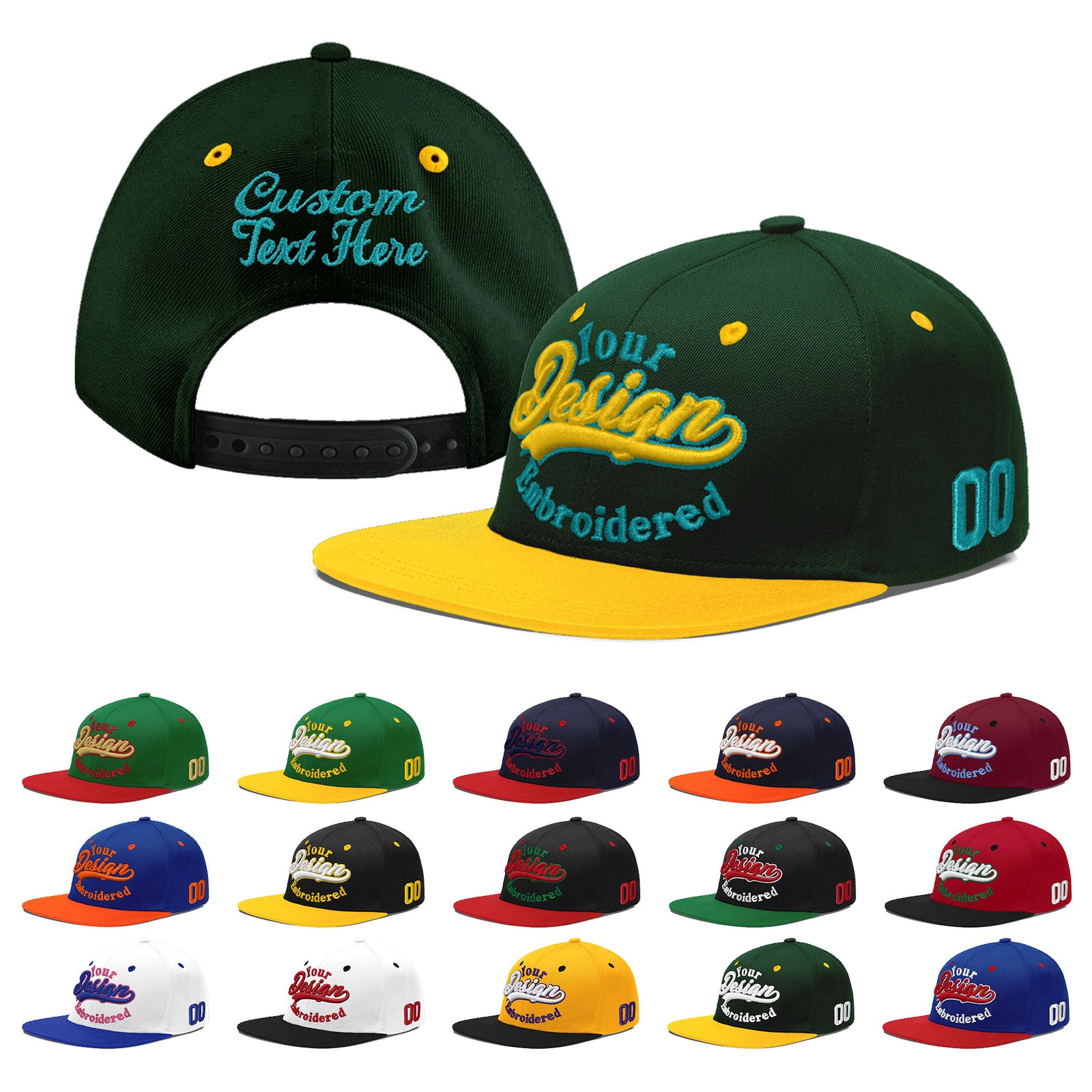 Custom Green Gold 3D Puff Embroidery Flat Embroidery Casual Sport Baseball Cap