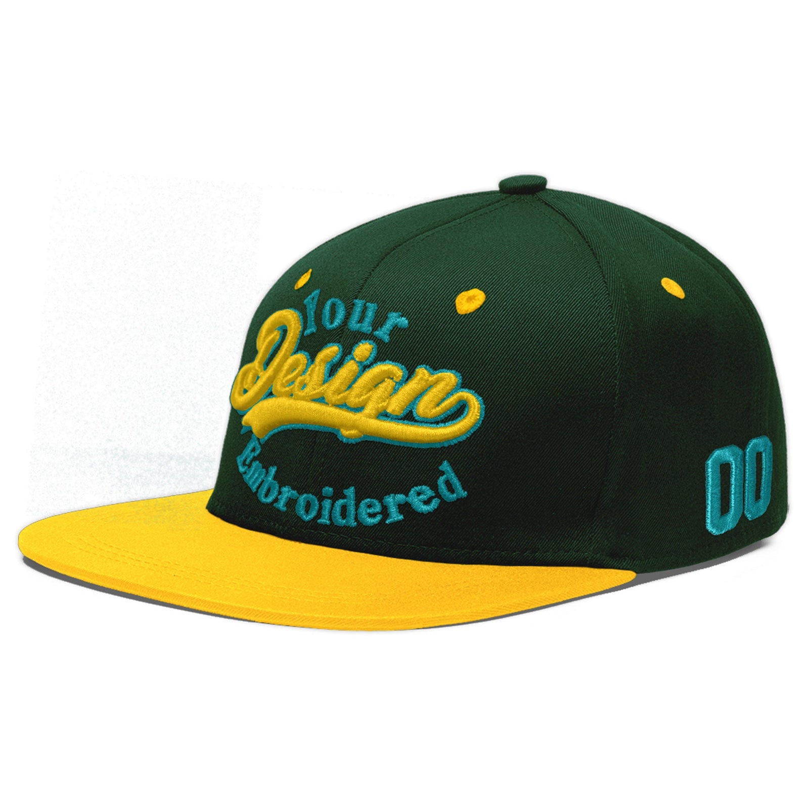 Custom Green Gold 3D Puff Embroidery Flat Embroidery Casual Sport Baseball Cap