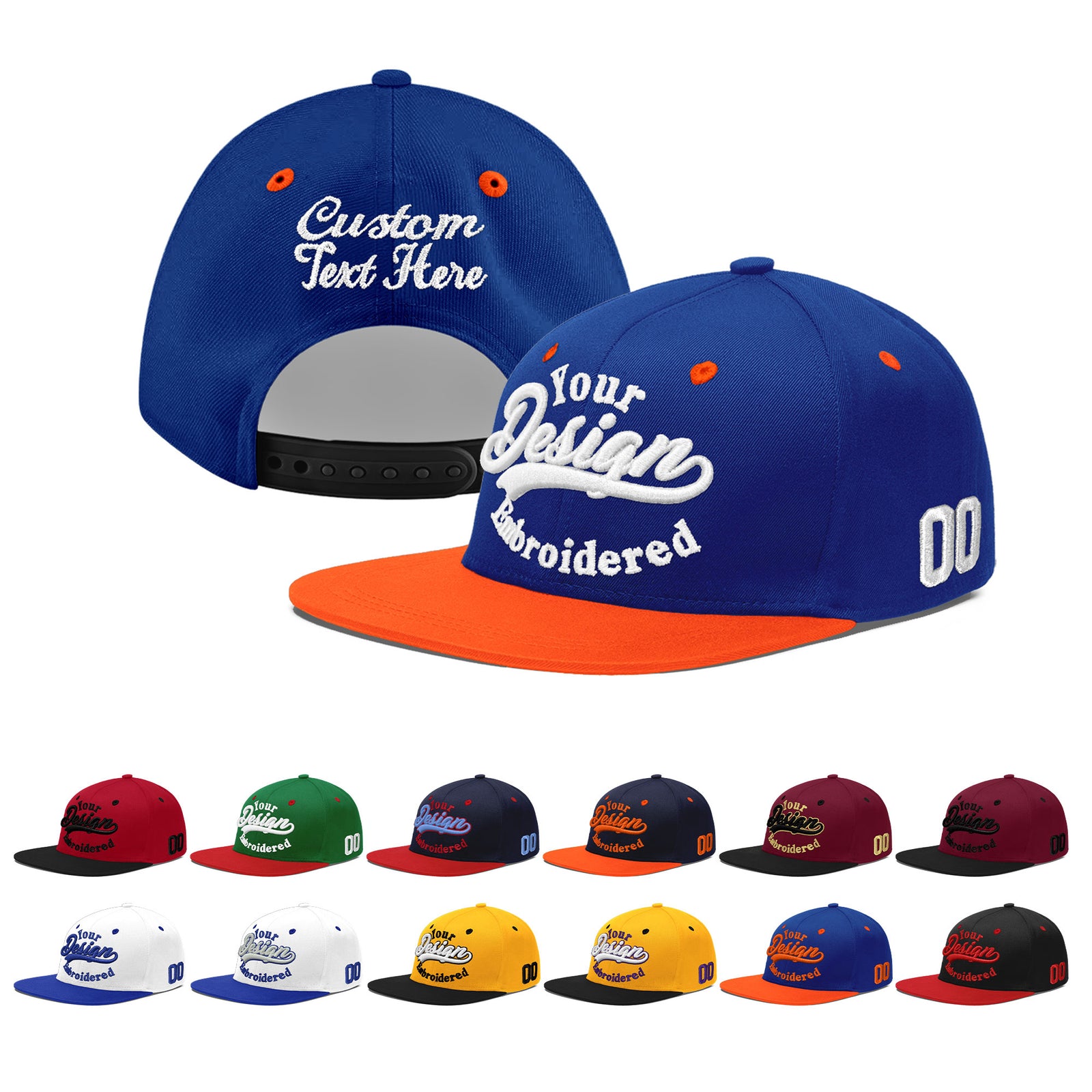 Custom Royal Blue Orange 3D Puff Embroidery Flat Embroidery Casual Sport Baseball Cap