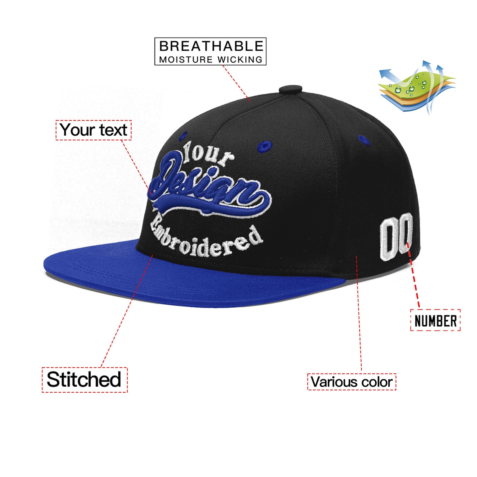 Custom Black Royal Blue 3D Puff Embroidery Flat Embroidery Casual Sport Baseball Cap