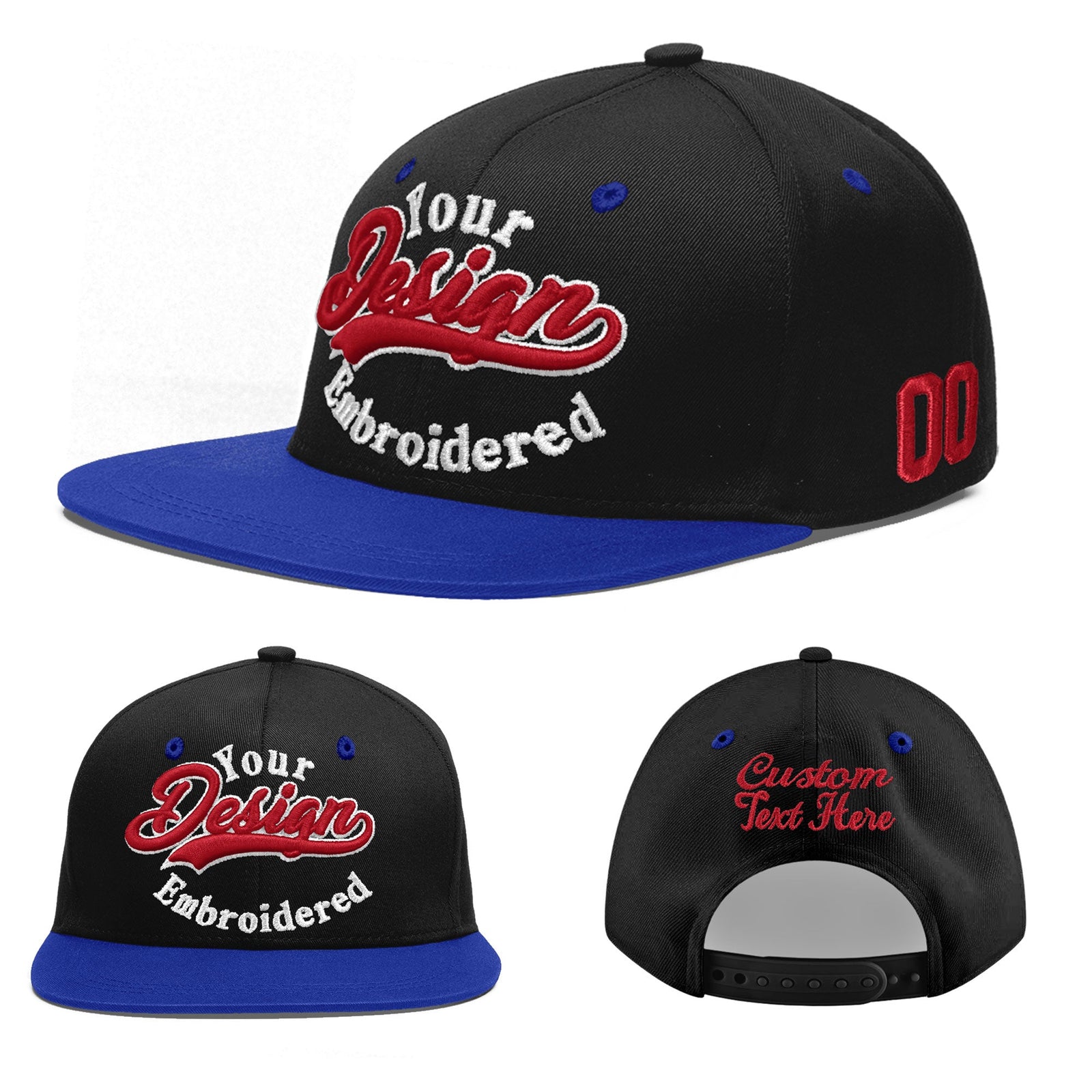 Custom Black Royal Blue 3D Puff Embroidery Flat Embroidery Casual Sport Baseball Cap