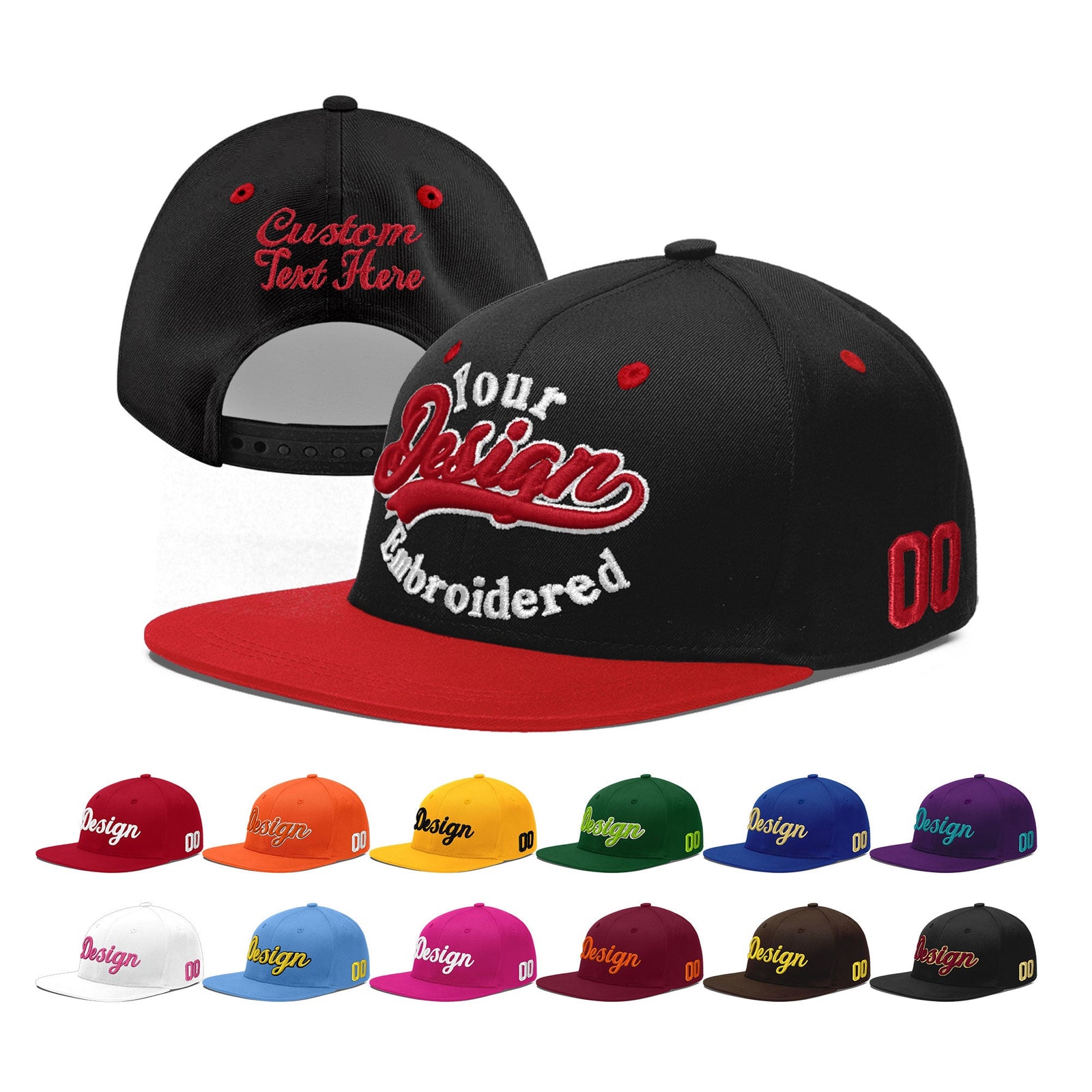 Custom Black Red 3D Puff Embroidery Flat Embroidery Casual Sport Baseball Cap