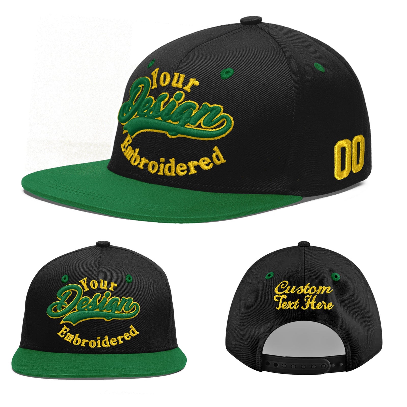 Custom Black Kelly Green 3D Puff Embroidery Flat Embroidery Casual Sport Baseball Cap