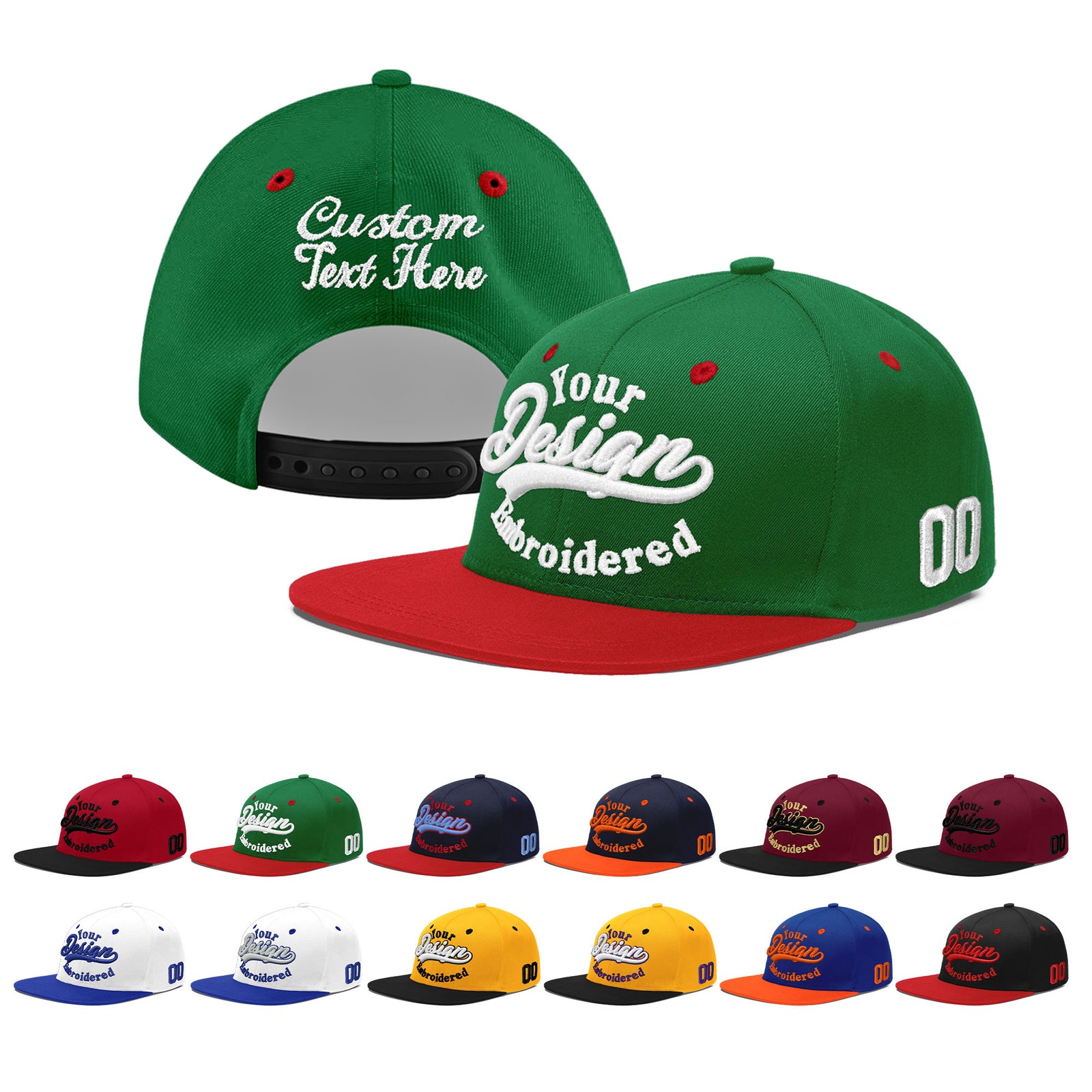 Custom Kelly Green Red 3D Puff Embroidery Flat Embroidery Casual Sport Baseball Cap