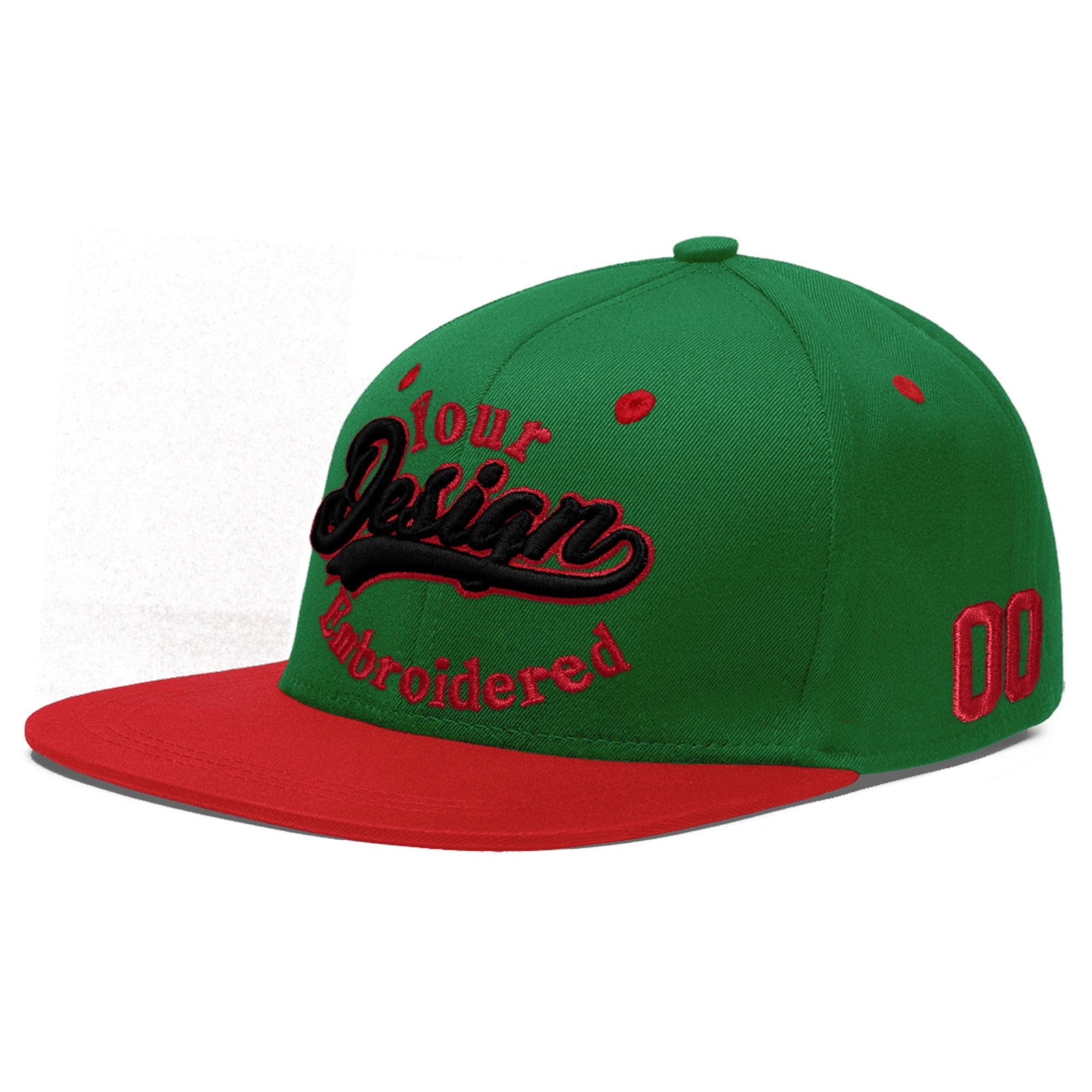 Custom Kelly Green Red 3D Puff Embroidery Flat Embroidery Casual Sport Baseball Cap