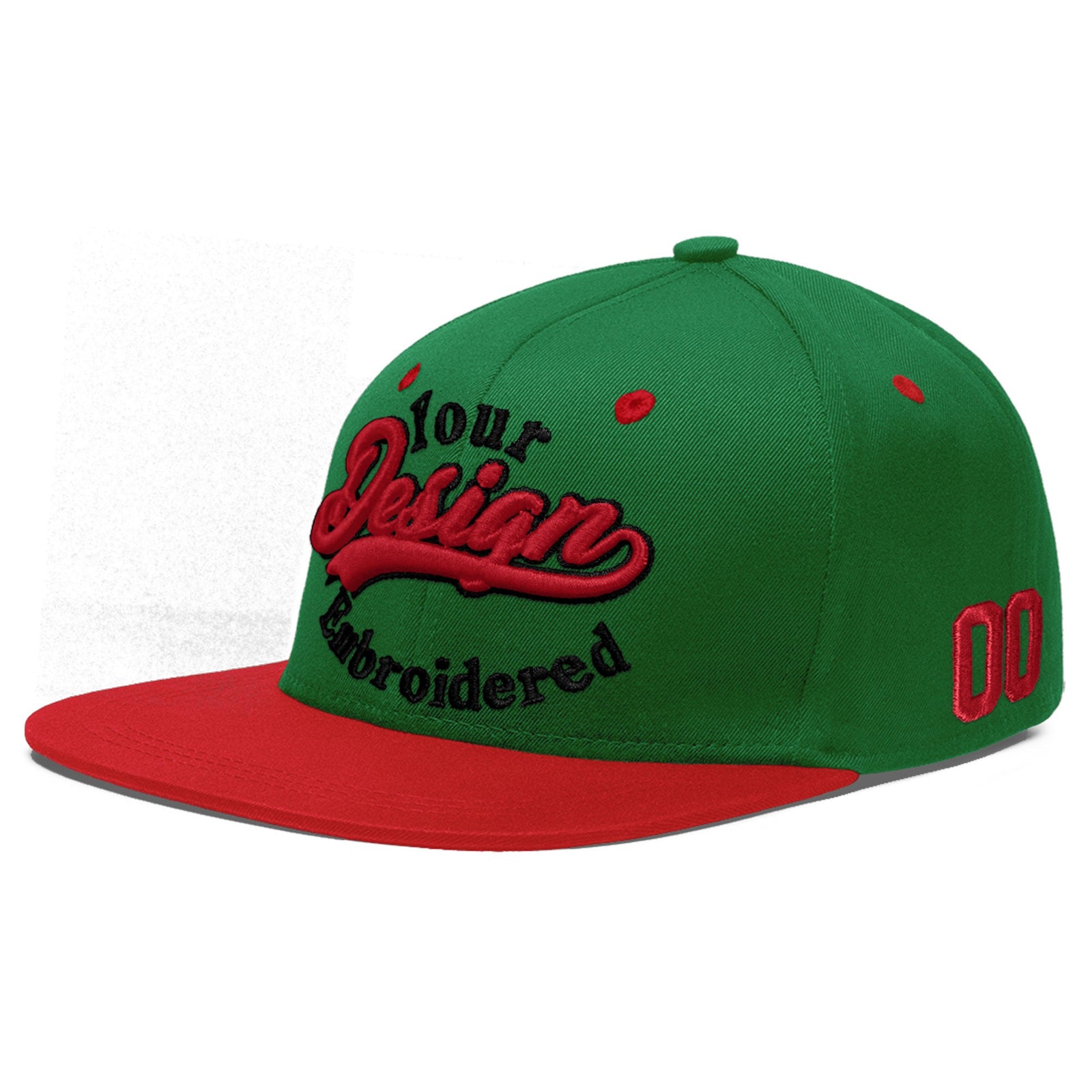 Custom Kelly Green Red 3D Puff Embroidery Flat Embroidery Casual Sport Baseball Cap