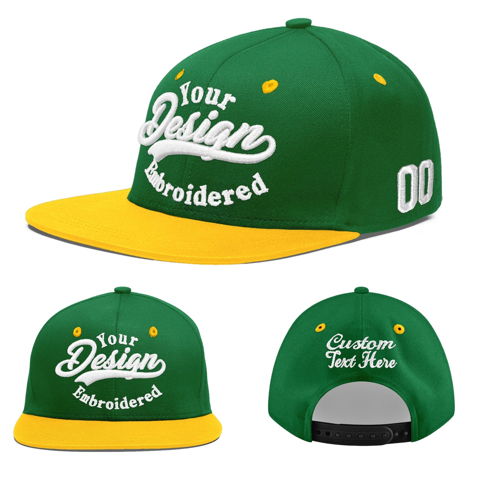 Custom Kelly Green Gold 3D Puff Embroidery Flat Embroidery Casual Sport Baseball Cap