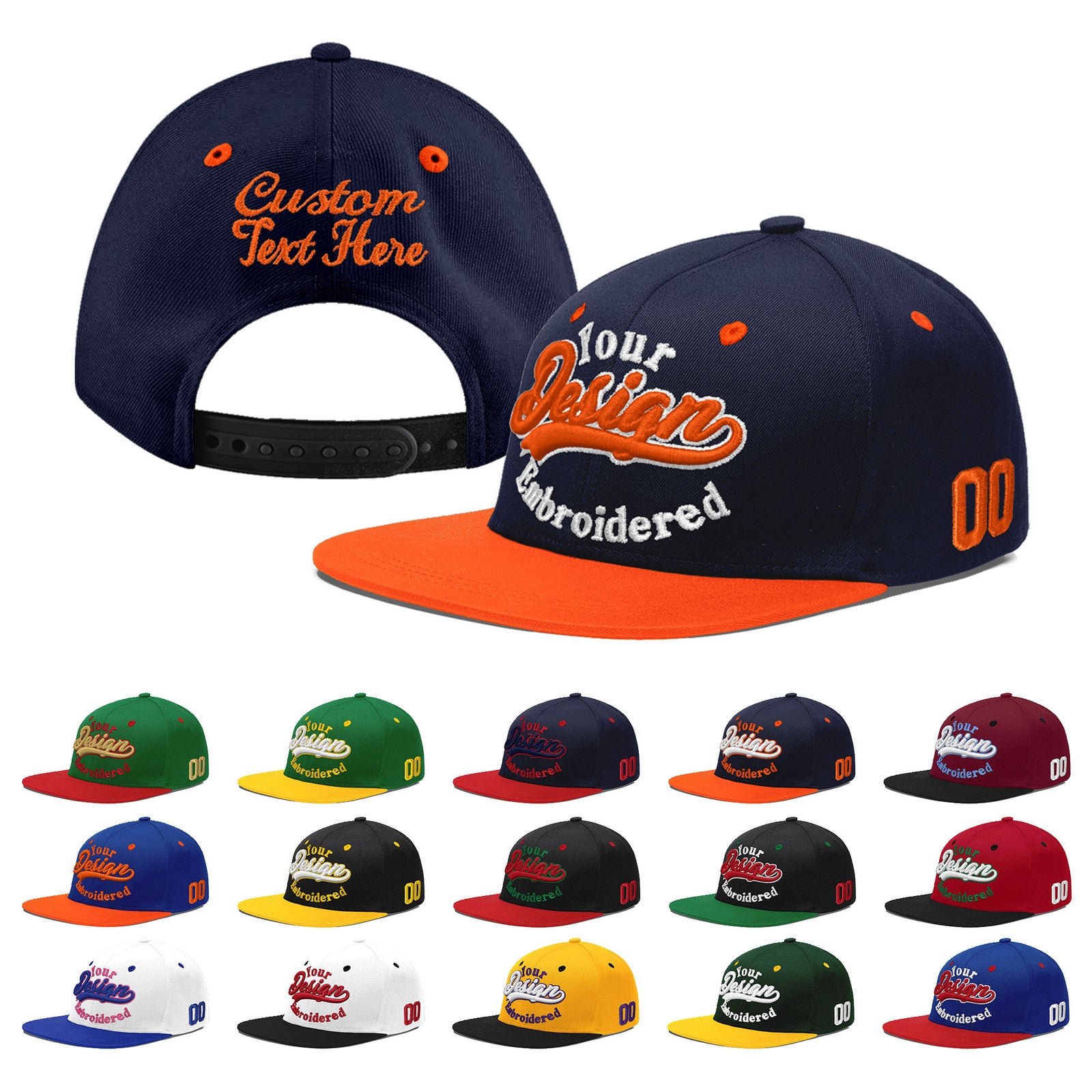Custom Navy Orange 3D Puff Embroidery Flat Embroidery Casual Sport Baseball Cap