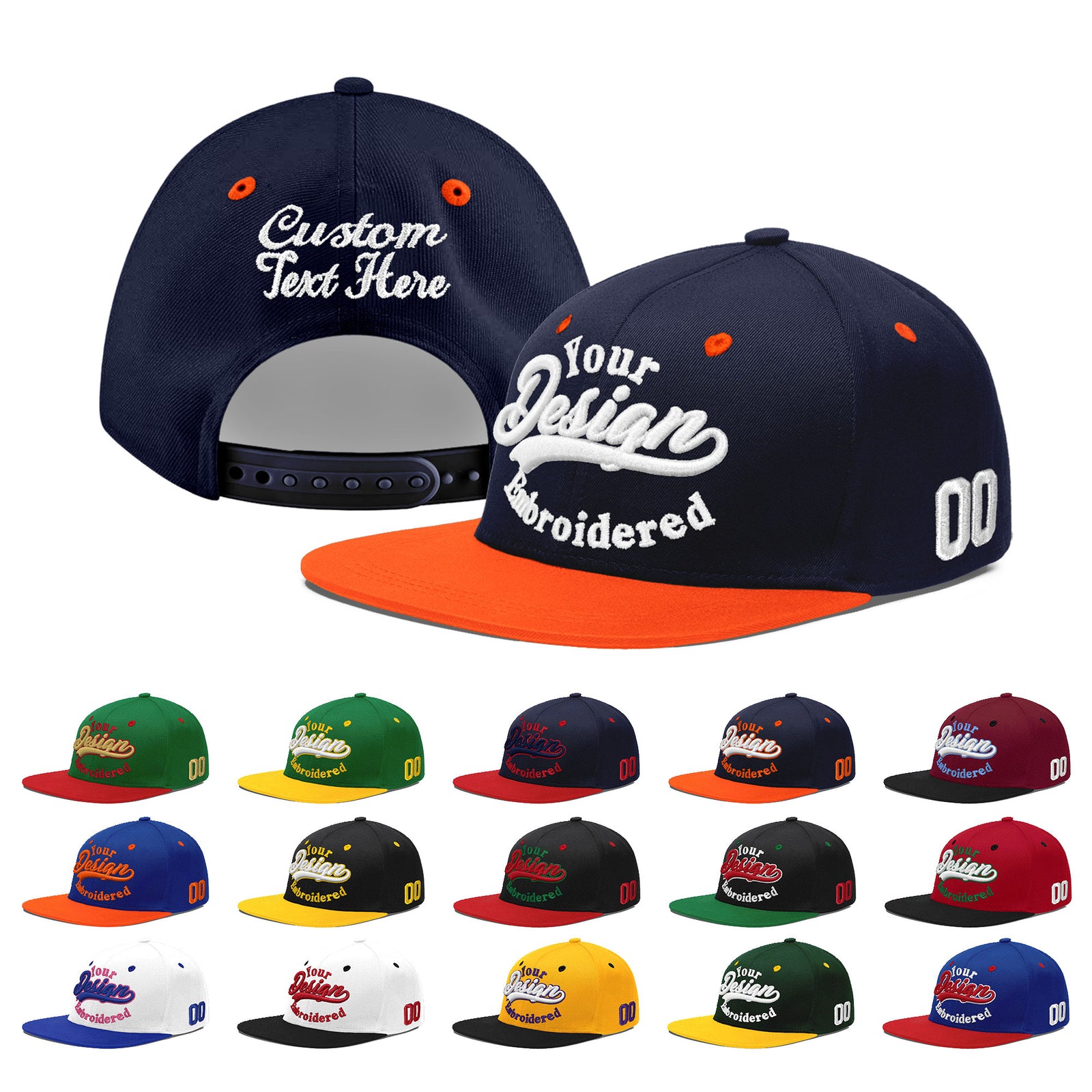 Custom Navy Orange 3D Puff Embroidery Flat Embroidery Casual Sport Baseball Cap
