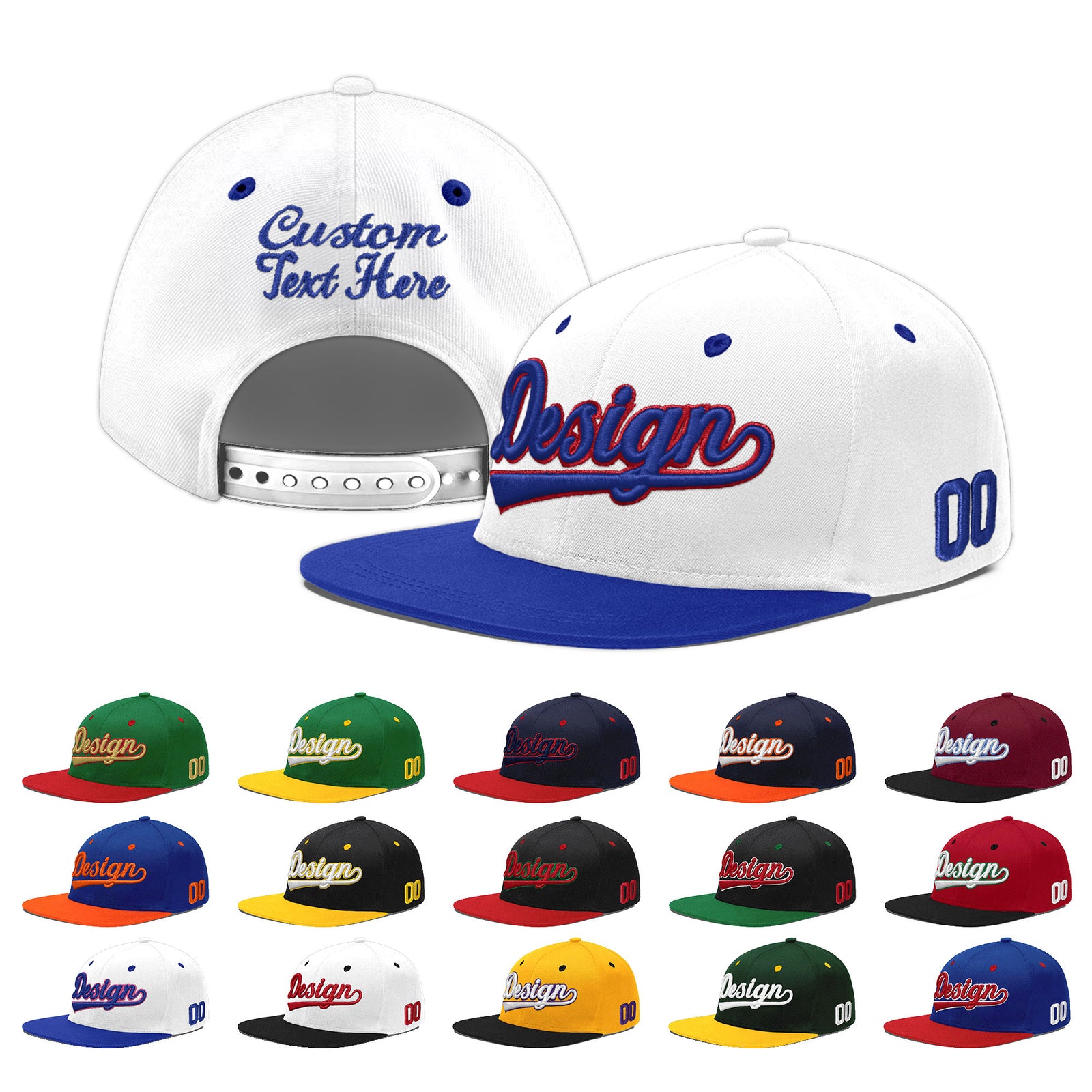 Custom White Royal Blue 3D Puff Embroidery Flat Embroidery Casual Sport Baseball Cap