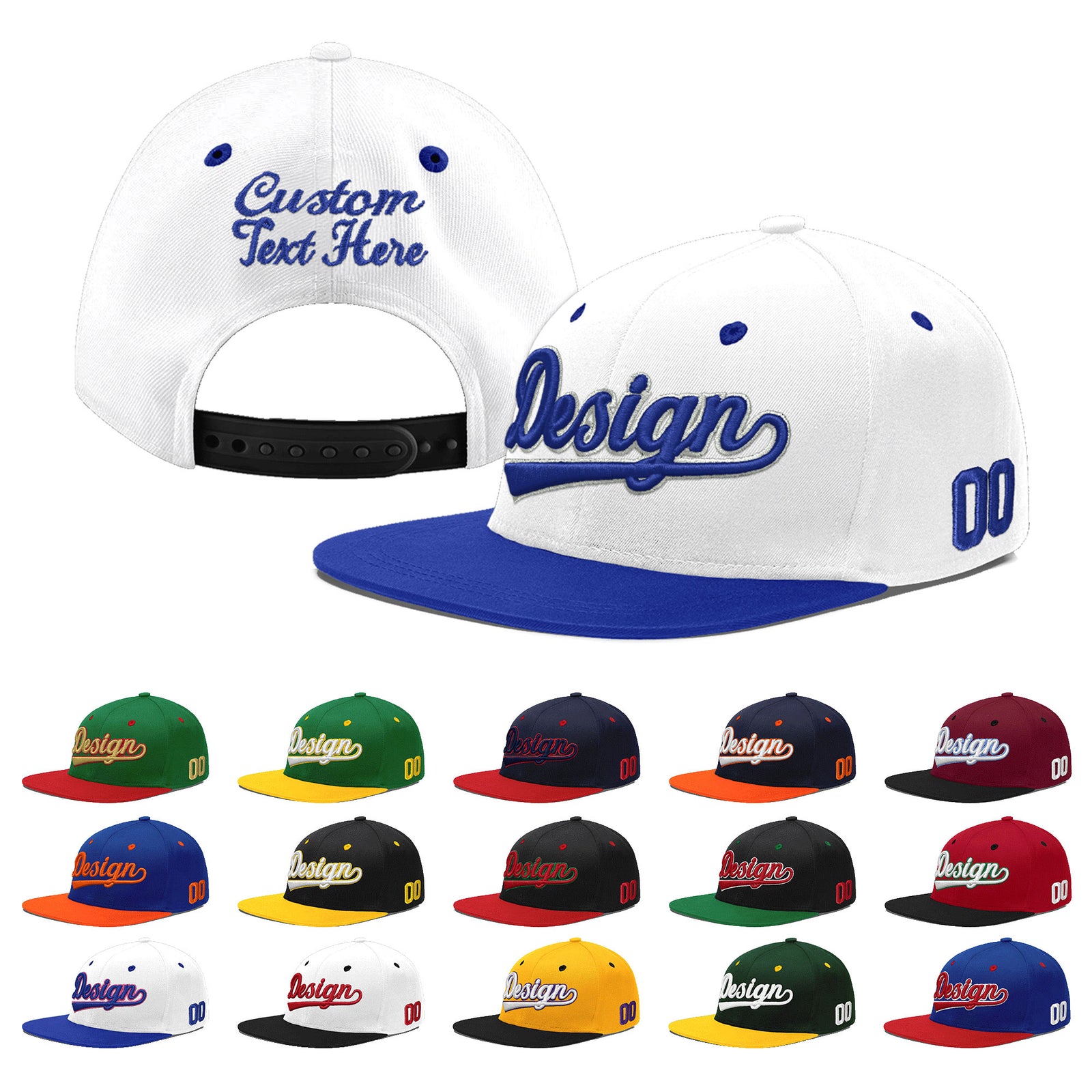 Custom White Royal Blue 147D Puff Embroidery Flat Embroidery Casual Sport Baseball Cap