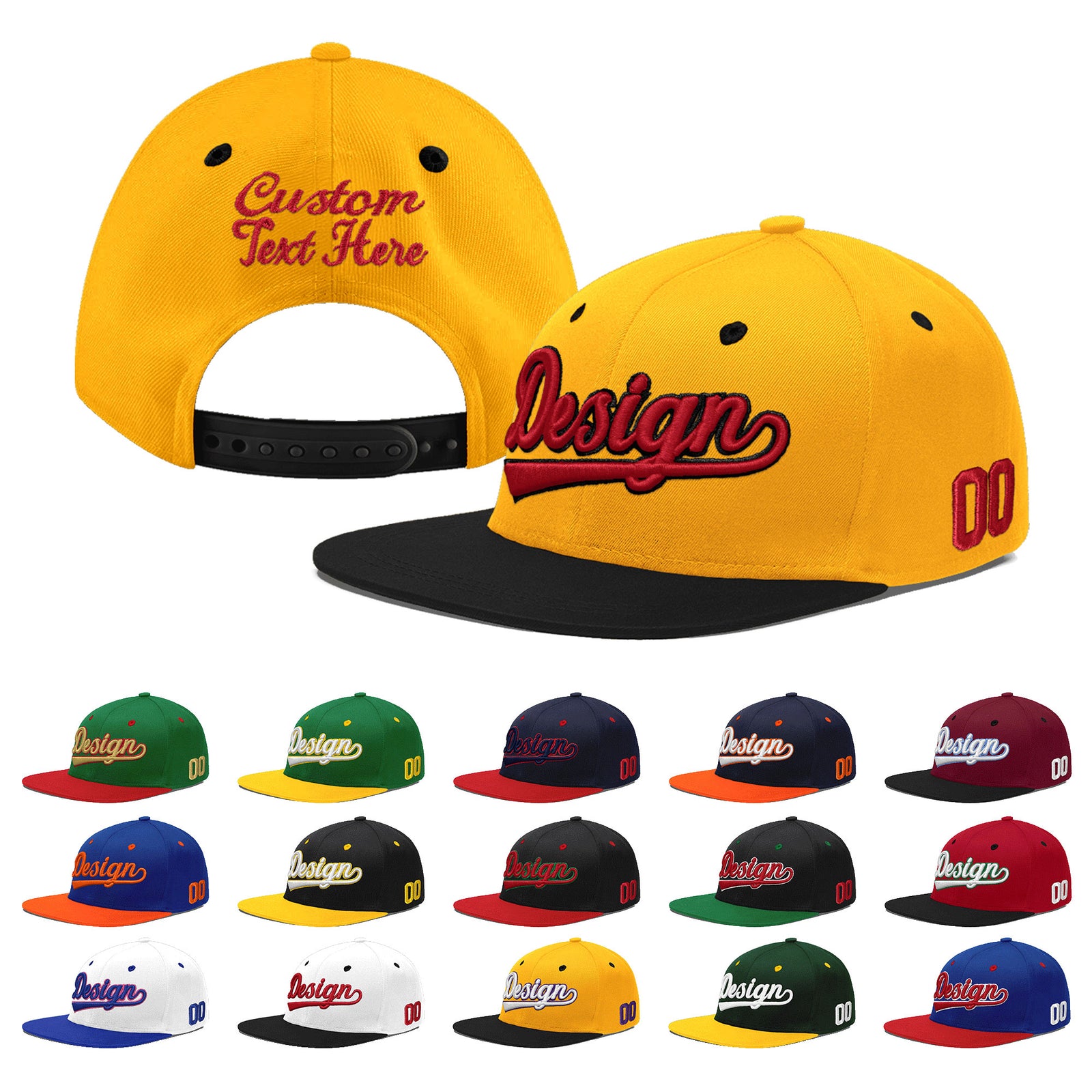 Custom Gold Black 99D Puff Embroidery Flat Embroidery Casual Sport Baseball Cap