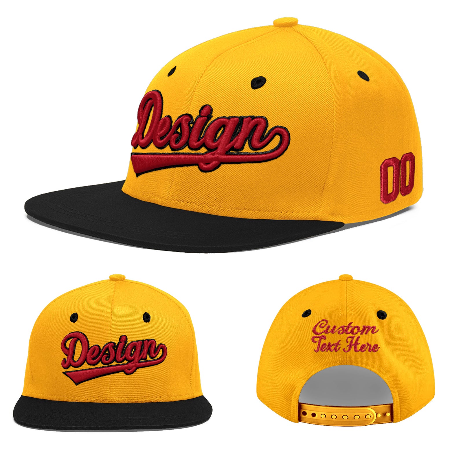 Custom Gold Black 100D Puff Embroidery Flat Embroidery Casual Sport Baseball Cap