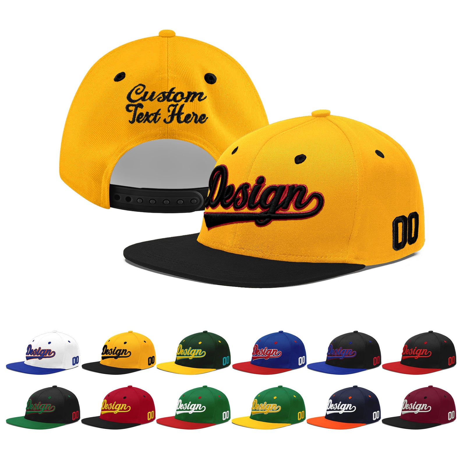 Custom Gold Black 107D Puff Embroidery Flat Embroidery Casual Sport Baseball Cap