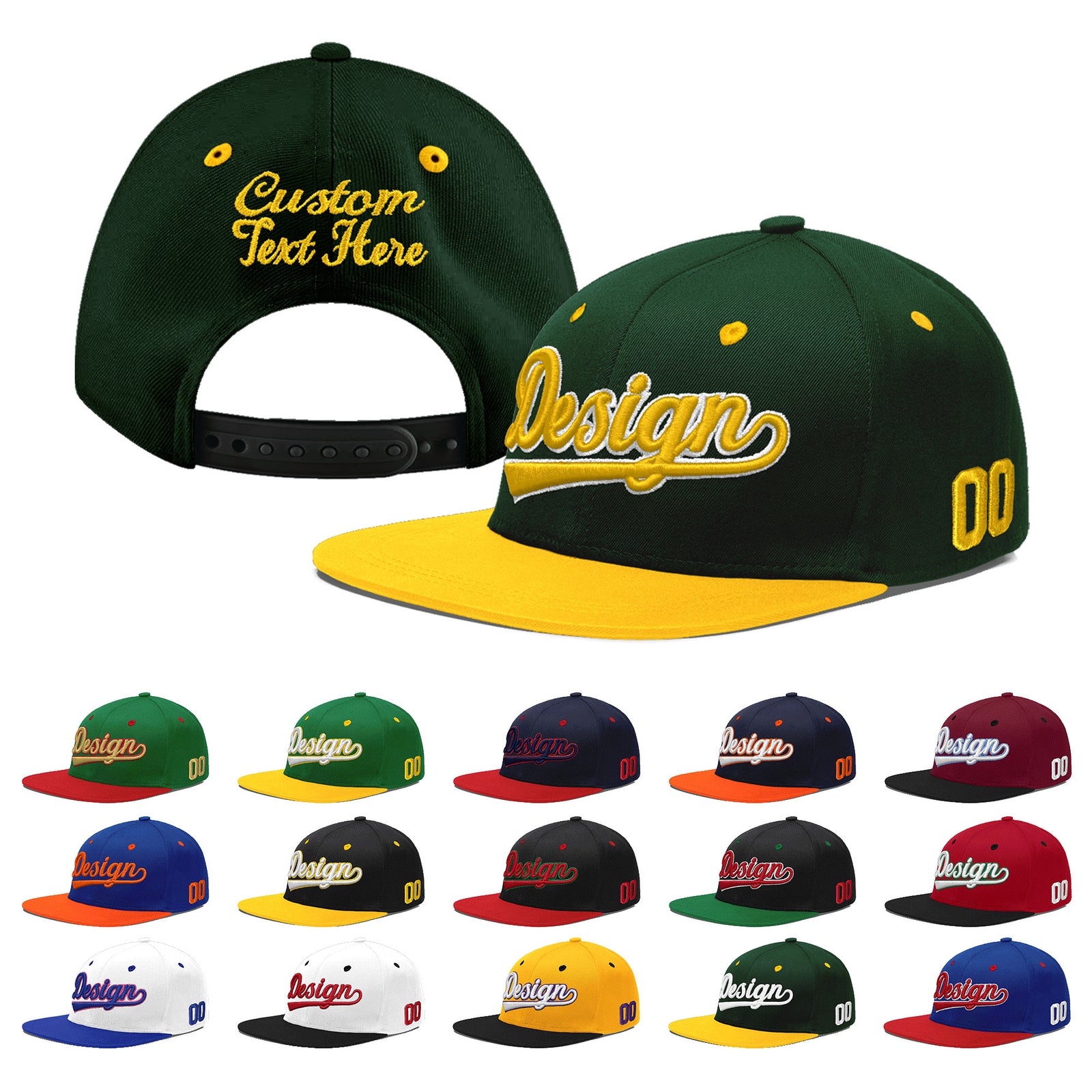 Custom Green Gold 3D Puff Embroidery Flat Embroidery Casual Sport Baseball Cap