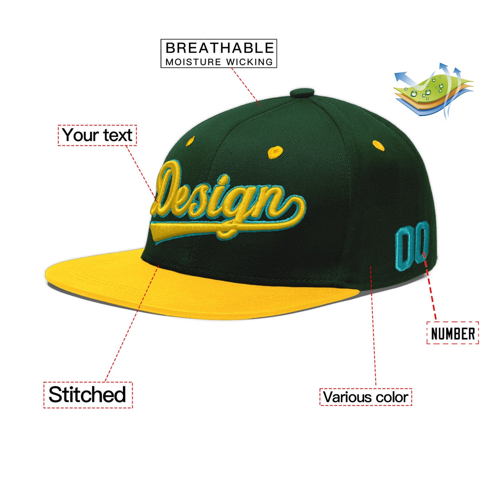 Custom Green Gold 3D Puff Embroidery Flat Embroidery Casual Sport Baseball Cap