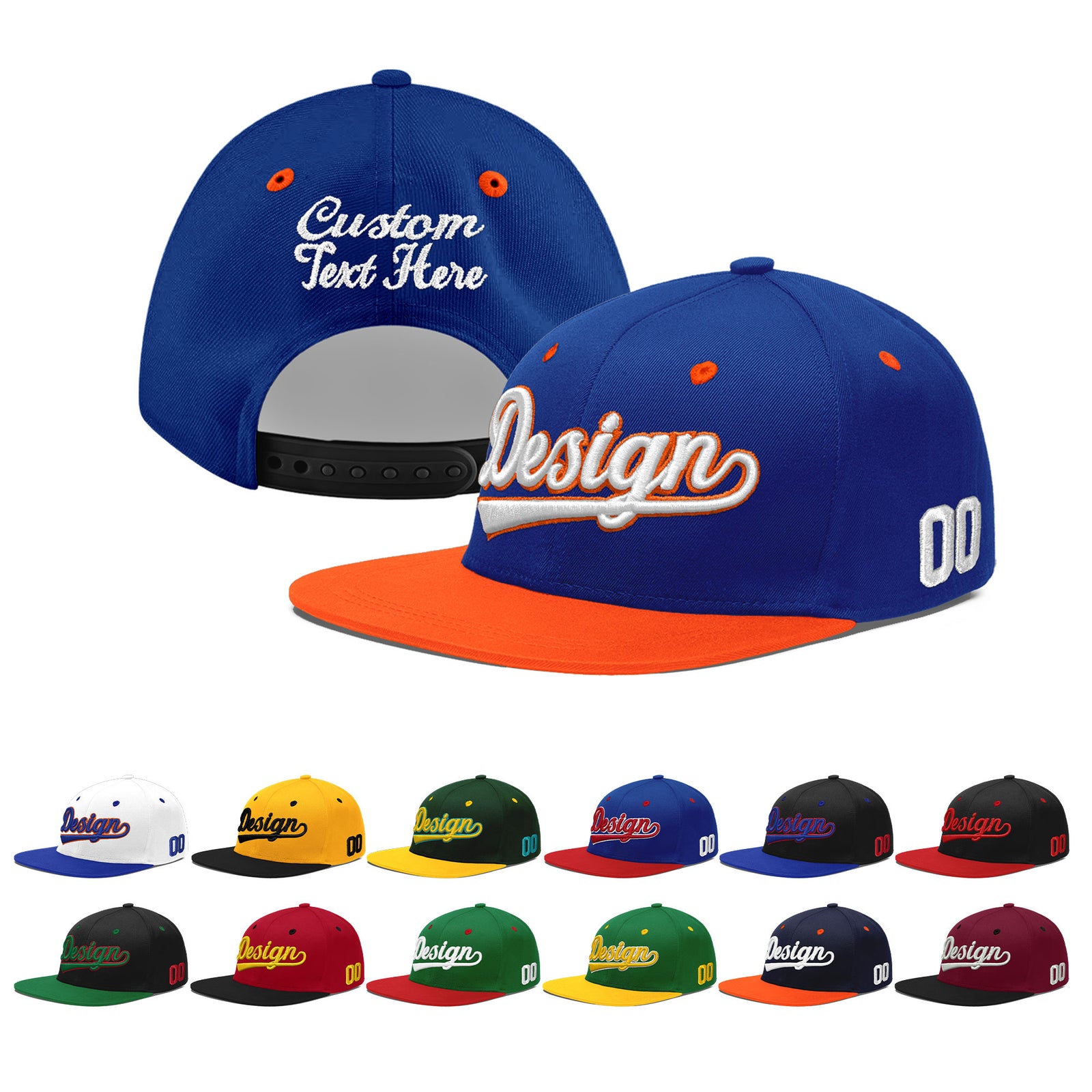Custom Royal Blue Orange 3D Puff Embroidery Flat Embroidery Casual Sport Baseball Cap