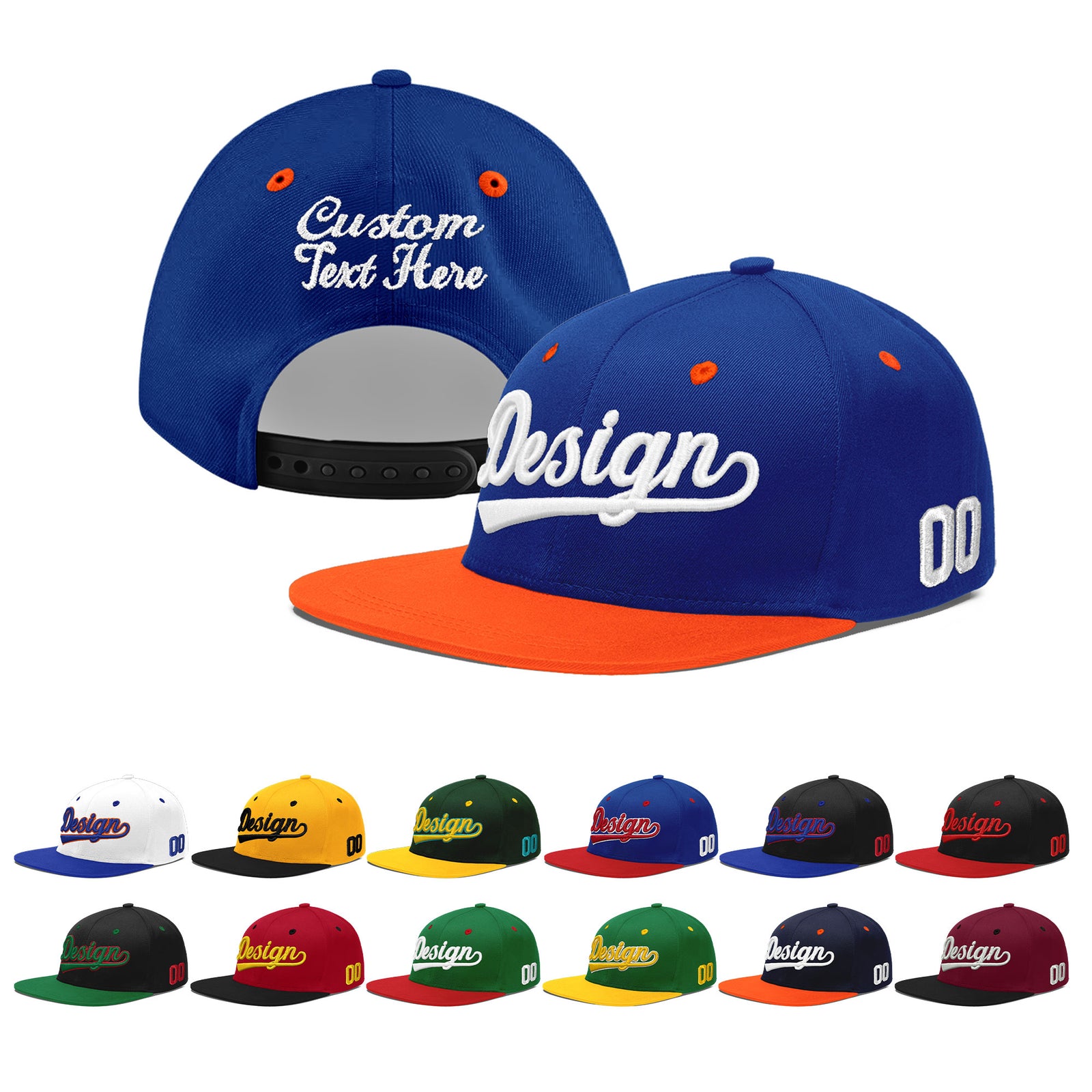 Custom Royal Blue Orange 3D Puff Embroidery Flat Embroidery Casual Sport Baseball Cap