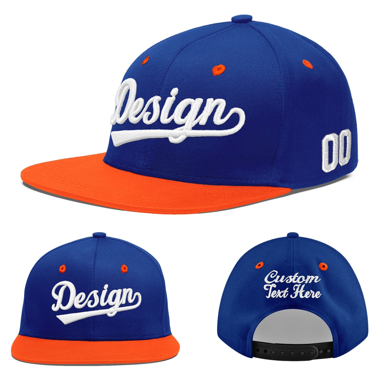Custom Royal Blue Orange 3D Puff Embroidery Flat Embroidery Casual Sport Baseball Cap