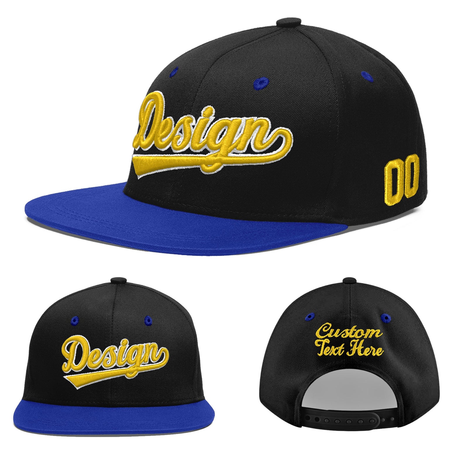 Custom Black Royal Blue 3D Puff Embroidery Flat Embroidery Casual Sport Baseball Cap